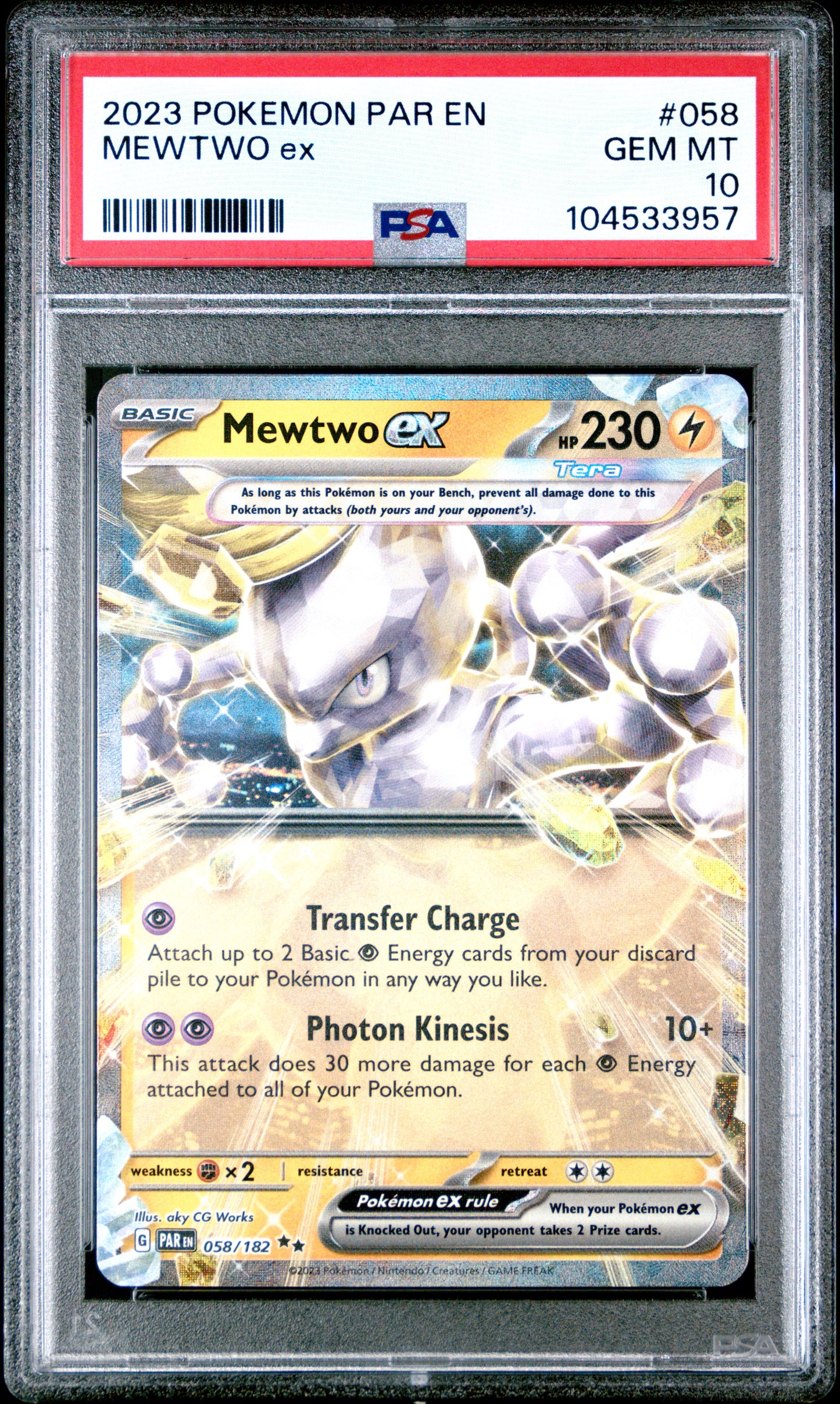 MEWTWO EX 58/182 [Reverse Holo] POKEMON PAR EN-PARADOX RIFT PSA10 GEM MT 10 PSA population 296 <a href=https://www.psacard.com/cert/104533957/psa>https://www.psacard.com/cert/104533957/psa</a>