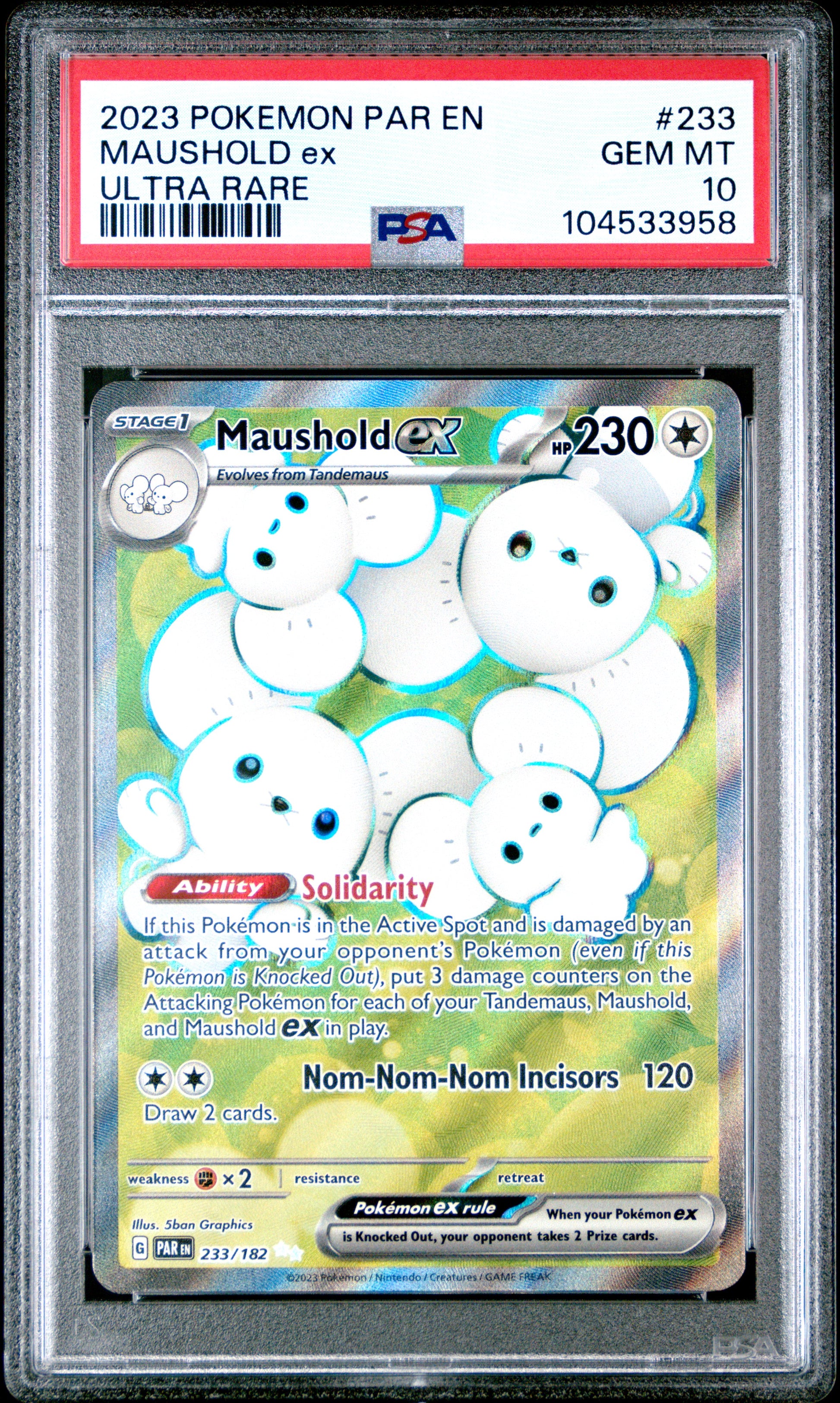 MAUSHOLD EX 233/182 Common POKEMON PAR EN-PARADOX RIFT ULTRA RARE PSA10 GEM MT 10 PSA population 116 <a href=https://www.psacard.com/cert/104533958/psa>https://www.psacard.com/cert/104533958/psa</a>