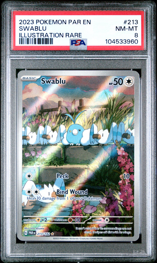 SWABLU 213/182 Common POKEMON PAR EN-PARADOX RIFT ILLUSTRATION RARE PSA8 NM-MT 8 PSA population 138 <a href=https://www.psacard.com/cert/104533960/psa>https://www.psacard.com/cert/104533960/psa</a>