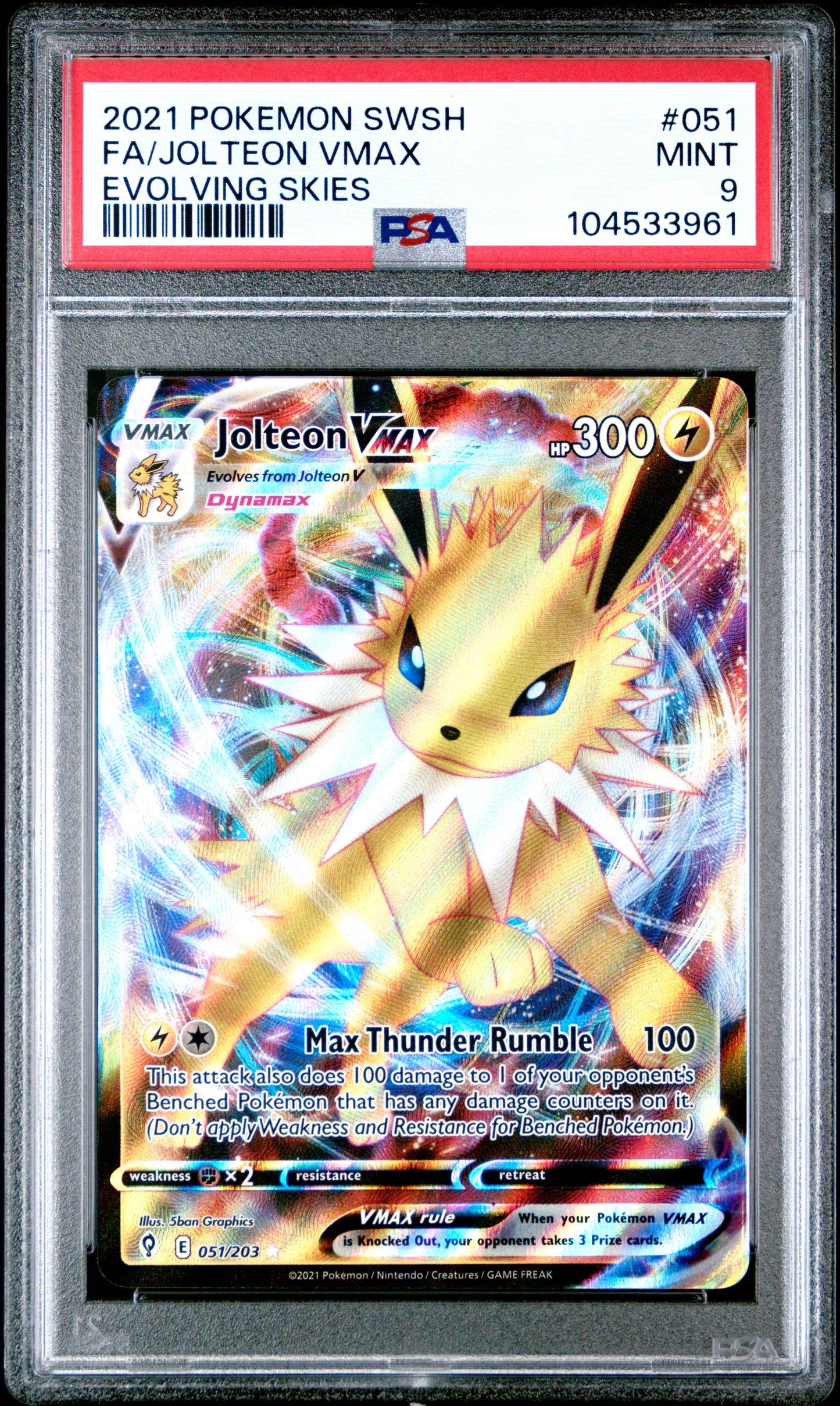 FA/JOLTEON VMAX 51/203 Common POKEMON SWORD & SHIELD EVOLVING SKIES EVOLVING SKIES PSA9 MINT 9 PSA population 429 <a href=https://www.psacard.com/cert/104533961/psa>https://www.psacard.com/cert/104533961/psa</a>