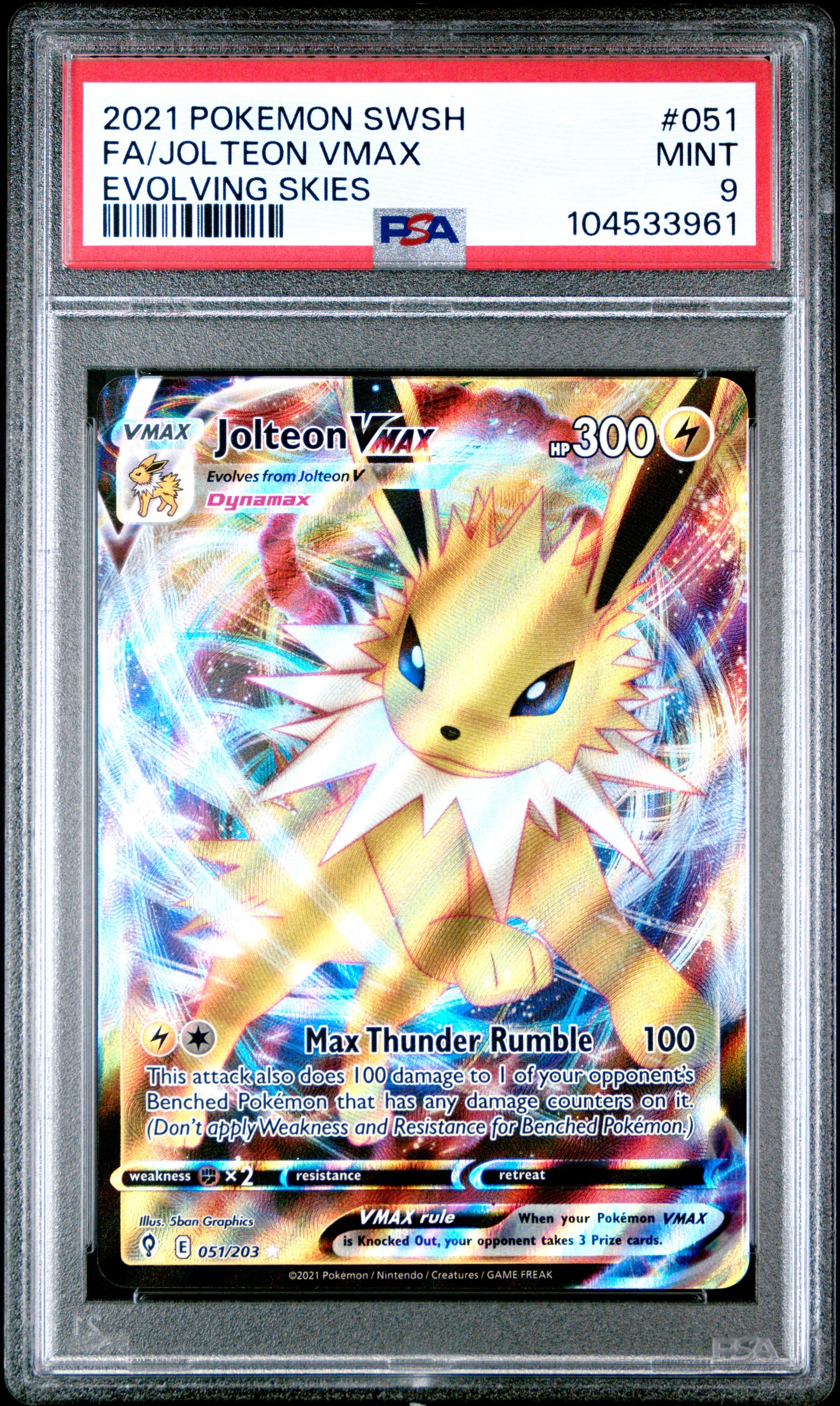 FA/JOLTEON VMAX 51/203 Common POKEMON SWORD & SHIELD EVOLVING SKIES EVOLVING SKIES PSA9 MINT 9 PSA population 429 <a href=https://www.psacard.com/cert/104533961/psa>https://www.psacard.com/cert/104533961/psa</a>