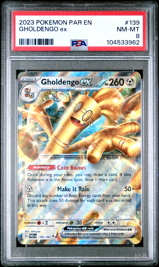 GHOLDENGO EX 139/182 [Holo]  POKEMON PAR EN-PARADOX RIFT PSA8 NM-MT 8 PSA population 15 <a href=https://www.psacard.com/cert/104533962/psa>https://www.psacard.com/cert/104533962/psa</a>