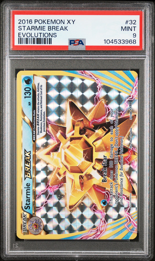 STARMIE BREAK 32/108 Common POKEMON XY EVOLUTIONS EVOLUTIONS PSA9 MINT 9 PSA population 515 <a href=https://www.psacard.com/cert/104533968/psa>https://www.psacard.com/cert/104533968/psa</a>