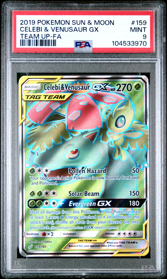 CELEBI & VENUSAUR GX 159/181 Common POKEMON SUN & MOON TEAM UP TEAM UP-FA PSA9 MINT 9 PSA population 214 <a href=https://www.psacard.com/cert/104533970/psa>https://www.psacard.com/cert/104533970/psa</a>