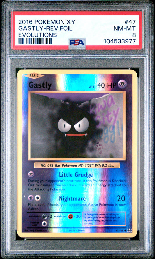 GASTLY-REV.FOIL 47/108 [Reverse Holo] POKEMON XY EVOLUTIONS EVOLUTIONS PSA9 NM-MT 8 PSA population 78 <a href=https://www.psacard.com/cert/104533977/psa>https://www.psacard.com/cert/104533977/psa</a>