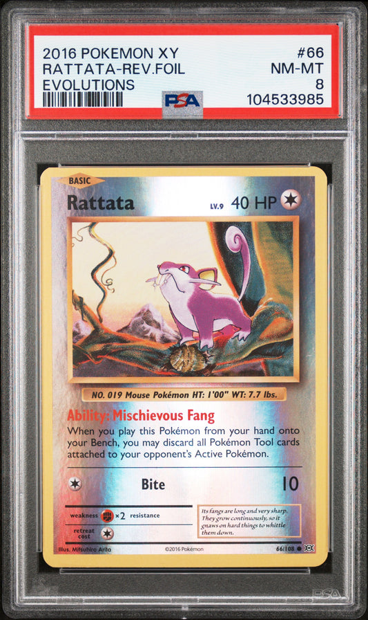 RATTATA-REV.FOIL 66/108 [Reverse Holo] POKEMON XY EVOLUTIONS EVOLUTIONS PSA9 NM-MT 8 PSA population 65 <a href=https://www.psacard.com/cert/104533985/psa>https://www.psacard.com/cert/104533985/psa</a>