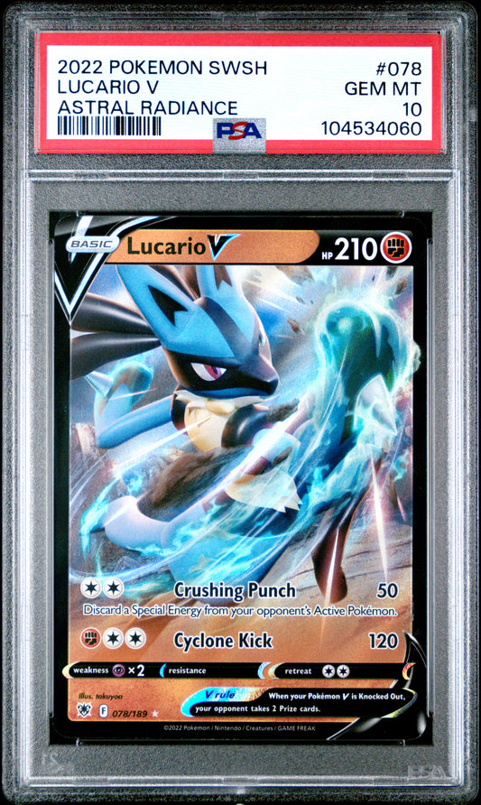 LUCARIO V 78/189 Common POKEMON SWORD & SHIELD ASTRAL RADIANCE ASTRAL RADIANCE PSA10 GEM MT 10 PSA population 93 <a href=https://www.psacard.com/cert/104534060/psa>https://www.psacard.com/cert/104534060/psa</a>