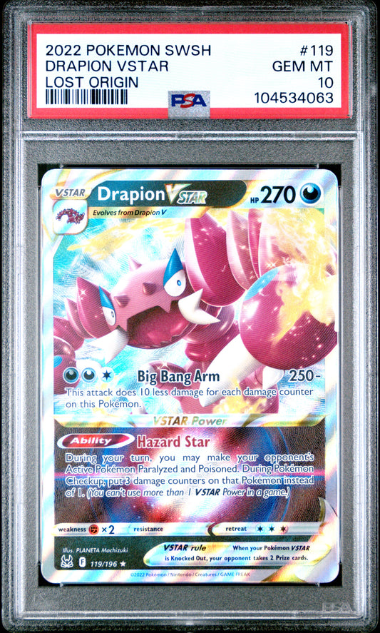 DRAPION VSTAR 119/196 Common POKEMON SWORD & SHIELD LOST ORIGIN LOST ORIGIN PSA10 GEM MT 10 PSA population 85 <a href=https://www.psacard.com/cert/104534063/psa>https://www.psacard.com/cert/104534063/psa</a>