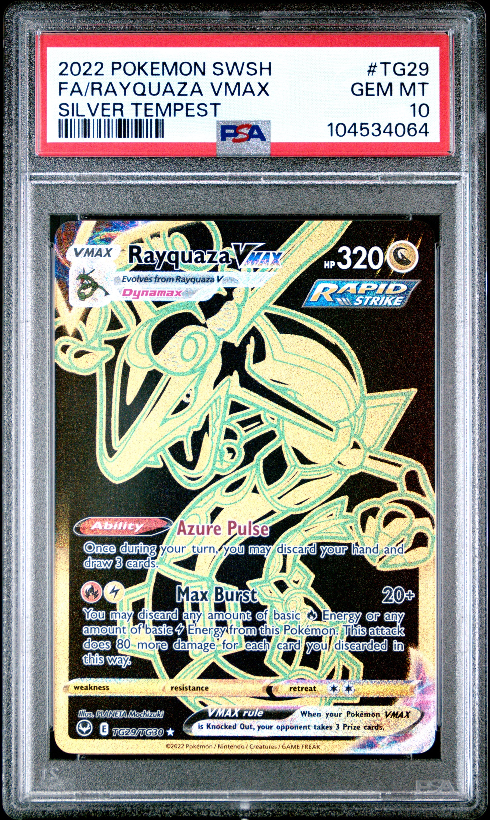 FA/RAYQUAZA VMAX TG29/TG30 Common POKEMON SWORD & SHIELD SILVER TEMPEST SILVER TEMPEST PSA10 GEM MT 10 PSA population 5996 <a href=https://www.psacard.com/cert/104534064/psa>https://www.psacard.com/cert/104534064/psa</a>