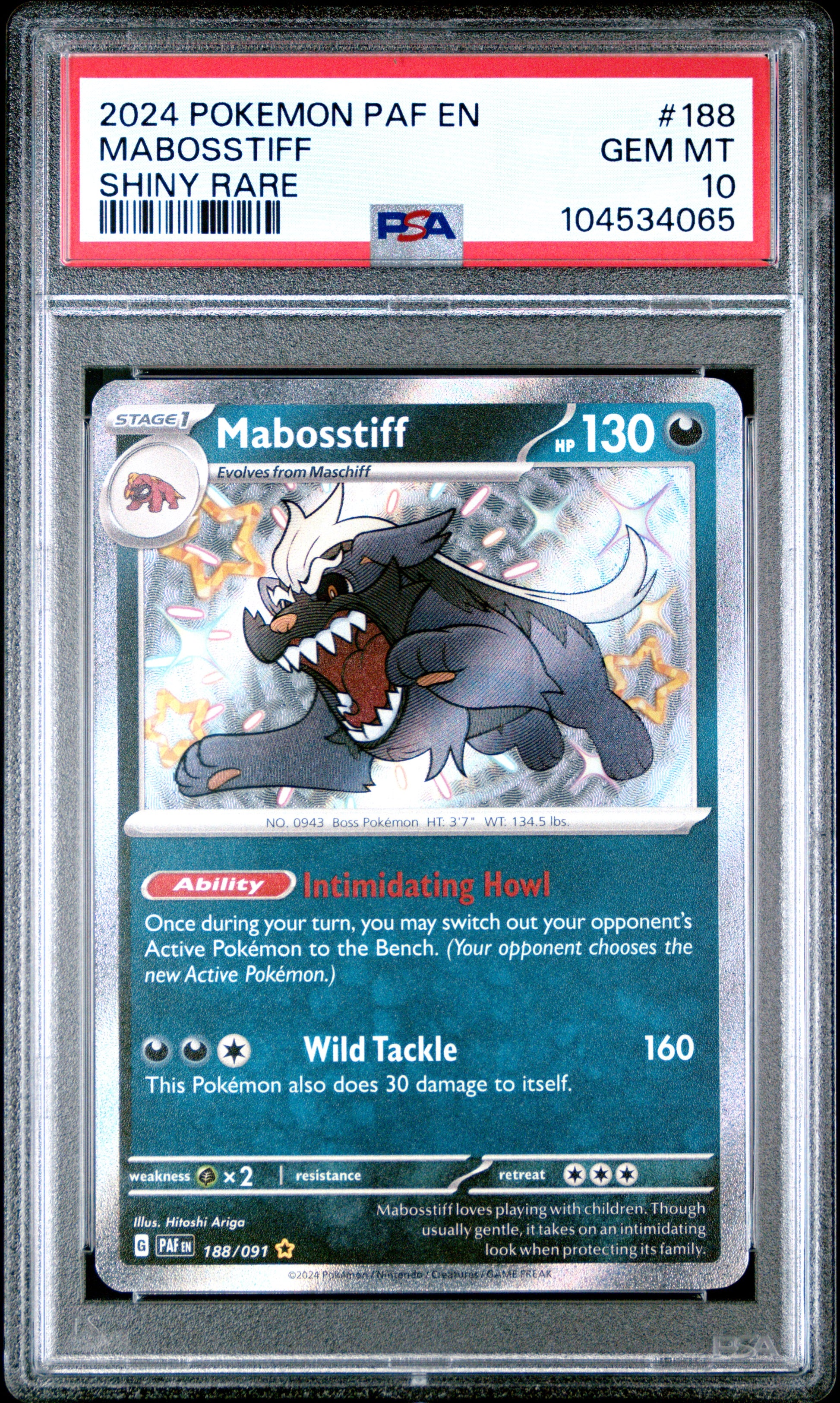 MABOSSTIFF 188/91 Common POKEMON PAF EN-PALDEAN FATES SHINY RARE PSA10 GEM MT 10 PSA population 24 <a href=https://www.psacard.com/cert/104534065/psa>https://www.psacard.com/cert/104534065/psa</a>