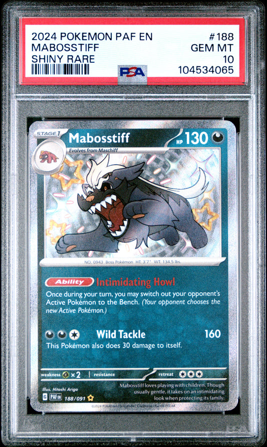 MABOSSTIFF 188/91 Common POKEMON PAF EN-PALDEAN FATES SHINY RARE PSA10 GEM MT 10 PSA population 24 <a href=https://www.psacard.com/cert/104534065/psa>https://www.psacard.com/cert/104534065/psa</a>
