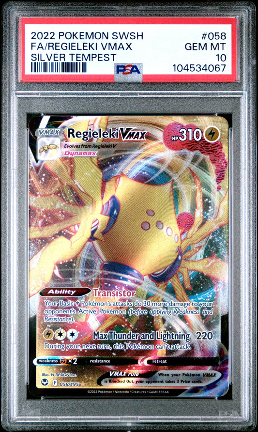 FA/REGIELEKI VMAX 58/195 Common POKEMON SWORD & SHIELD SILVER TEMPEST SILVER TEMPEST PSA10 GEM MT 10 PSA population 268 <a href=https://www.psacard.com/cert/104534067/psa>https://www.psacard.com/cert/104534067/psa</a>