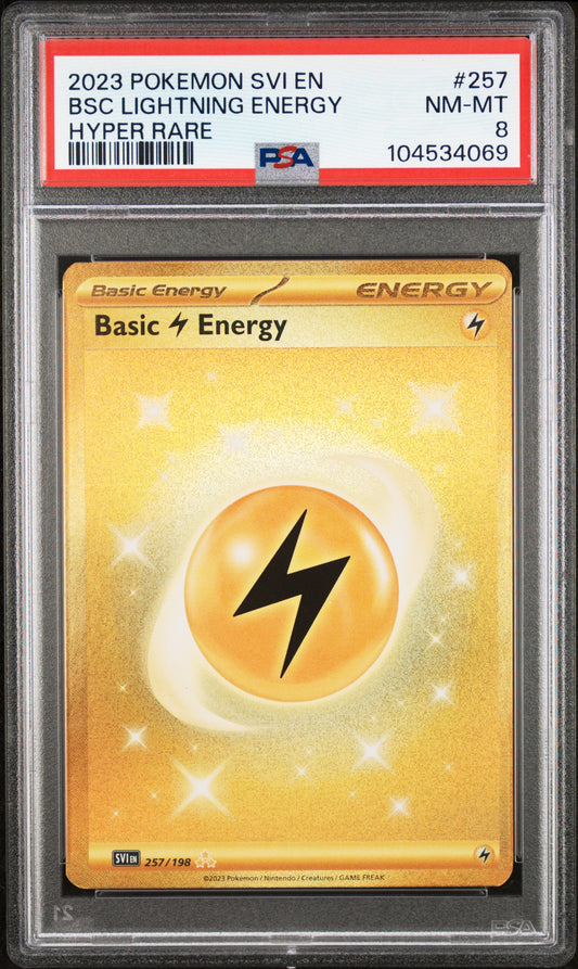 BSC LIGHTNING ENERGY 257/198 Common POKEMON SVI EN-SCARLET & VIOLET HYPER RARE PSA8 NM-MT 8 PSA population 87 <a href=https://www.psacard.com/cert/104534069/psa>https://www.psacard.com/cert/104534069/psa</a>
