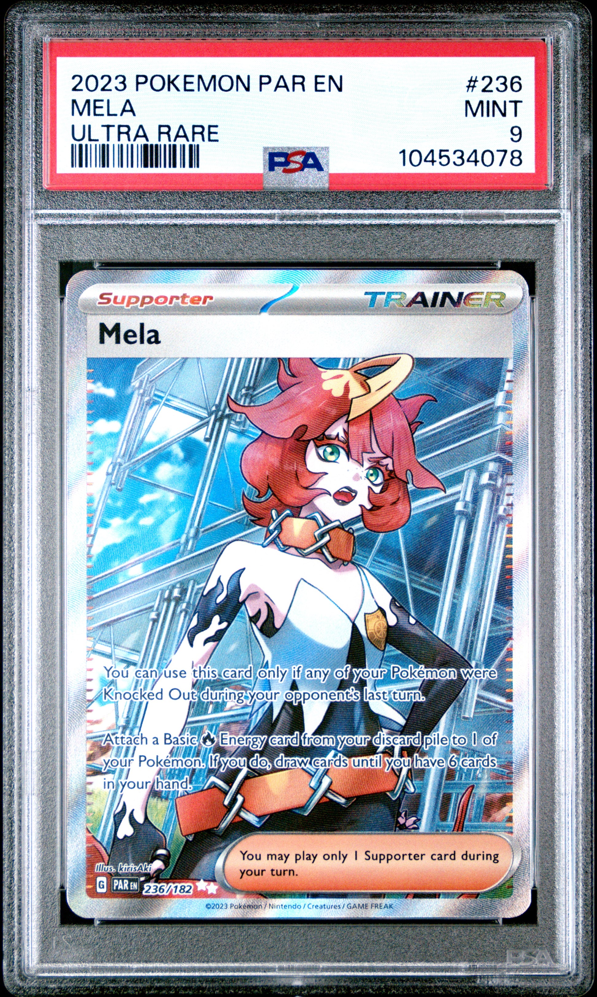 MELA 236/182 Common POKEMON PAR EN-PARADOX RIFT ULTRA RARE PSA9 MINT 9 PSA population 252 <a href=https://www.psacard.com/cert/104534078/psa>https://www.psacard.com/cert/104534078/psa</a>
