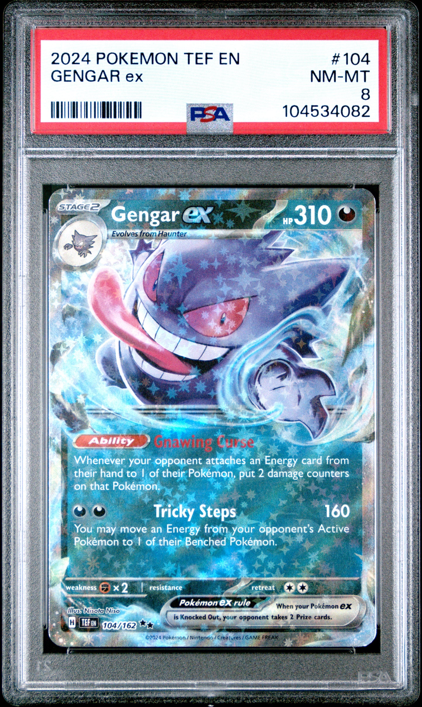 GENGAR EX 104/162 Common POKEMON TEF EN-TEMPORAL FORCES PSA8 NM-MT 8 PSA population 139 <a href=https://www.psacard.com/cert/104534082/psa>https://www.psacard.com/cert/104534082/psa</a>