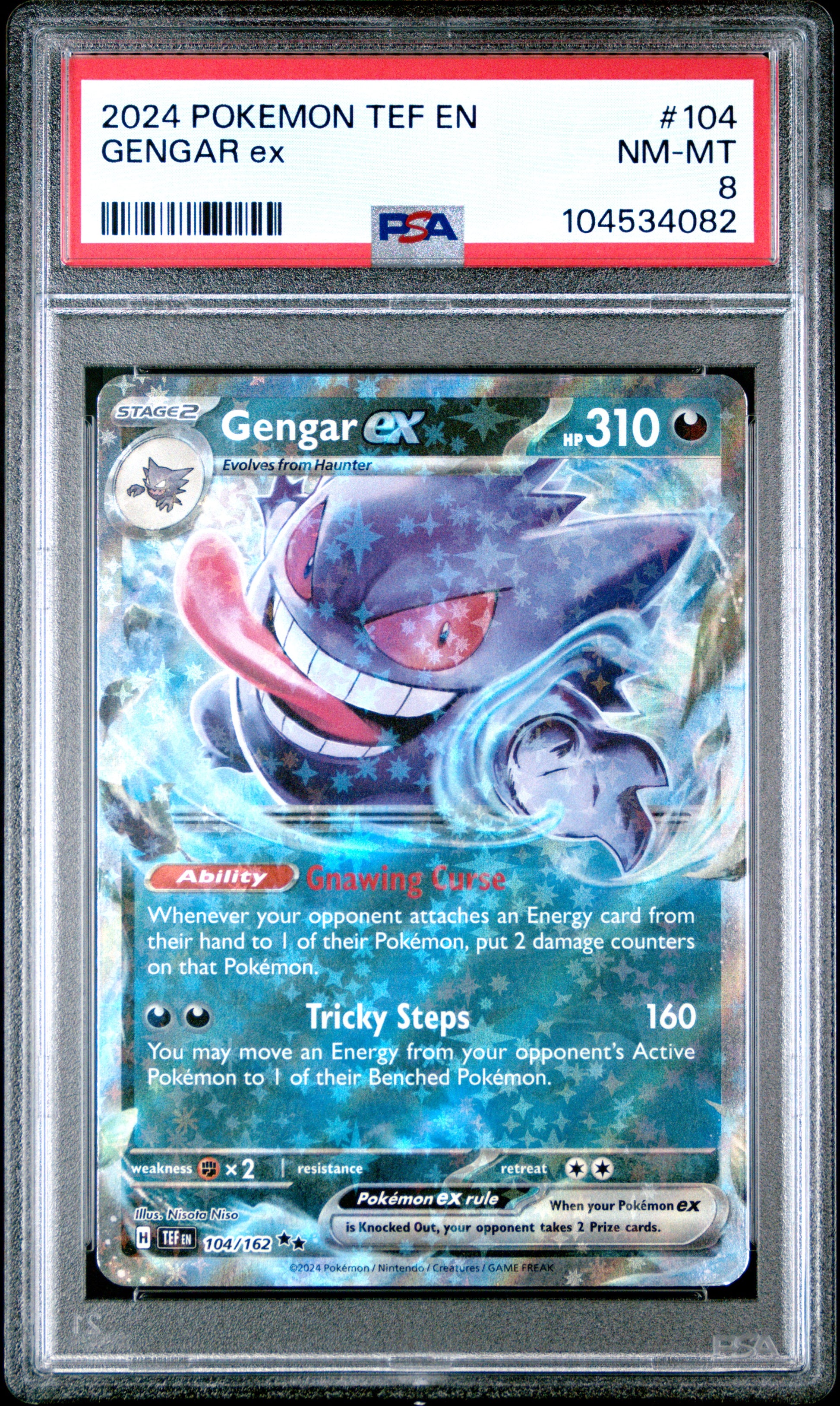 GENGAR EX 104/162 Common POKEMON TEF EN-TEMPORAL FORCES PSA8 NM-MT 8 PSA population 139 <a href=https://www.psacard.com/cert/104534082/psa>https://www.psacard.com/cert/104534082/psa</a>