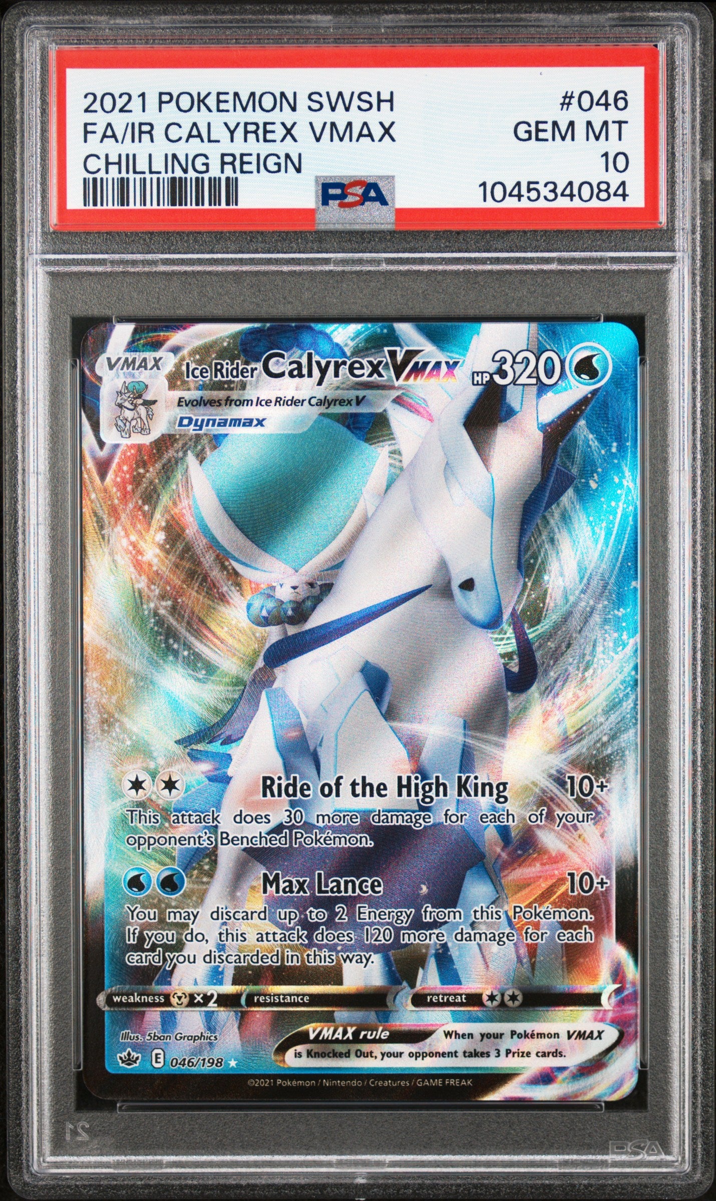 FA/IR CALYREX VMAX 46/198 Common POKEMON SWORD & SHIELD CHILLING REIGN CHILLING REIGN PSA10 GEM MT 10 PSA population 253 <a href=https://www.psacard.com/cert/104534084/psa>https://www.psacard.com/cert/104534084/psa</a>
