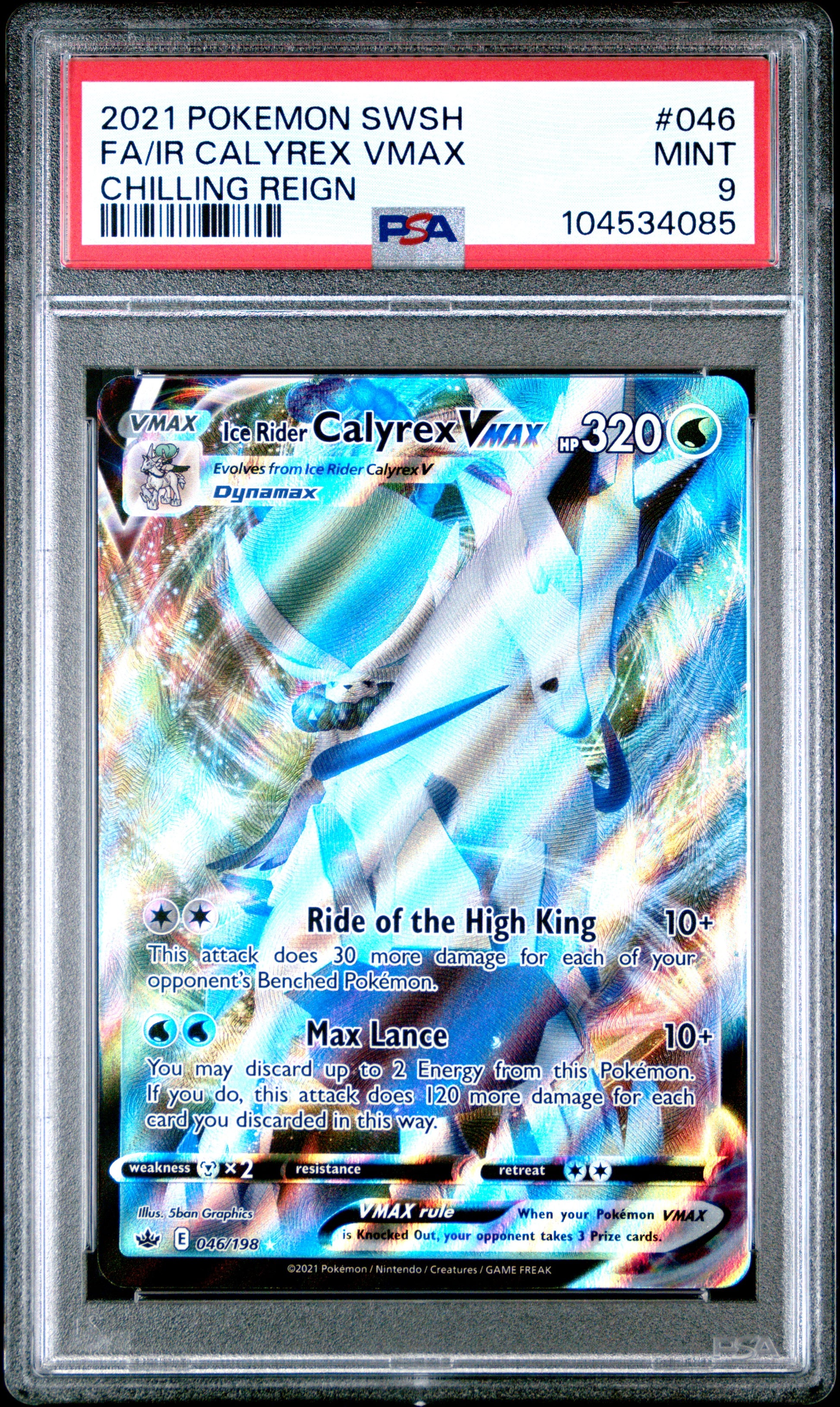 FA/IR CALYREX VMAX 46/198 Common POKEMON SWORD & SHIELD CHILLING REIGN CHILLING REIGN PSA9 MINT 9 PSA population 113 <a href=https://www.psacard.com/cert/104534085/psa>https://www.psacard.com/cert/104534085/psa</a>