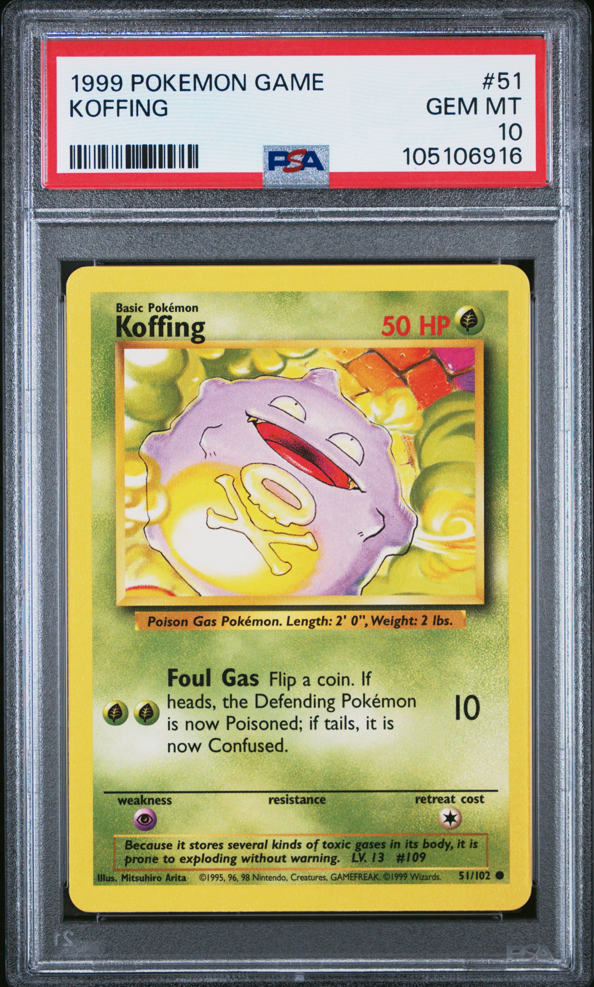 KOFFING 51/102 Unlimited POKEMON GAME PSA10 GEM MT 10 PSA population 383 <a href=https://www.psacard.com/cert/105106916/psa>https://www.psacard.com/cert/105106916/psa</a>