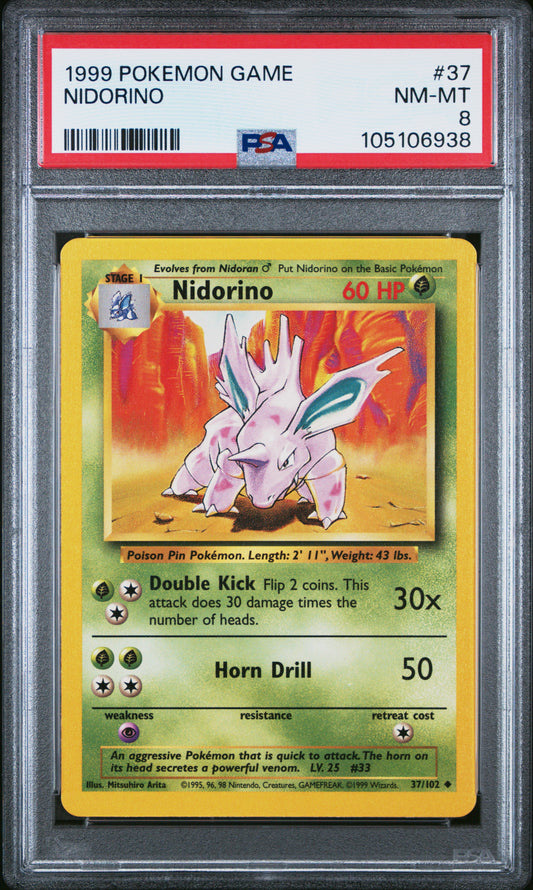 NIDORINO 37/102 Unlimited POKEMON GAME PSA8 NM-MT 8 PSA population 211 <a href=https://www.psacard.com/cert/105106938/psa>https://www.psacard.com/cert/105106938/psa</a>