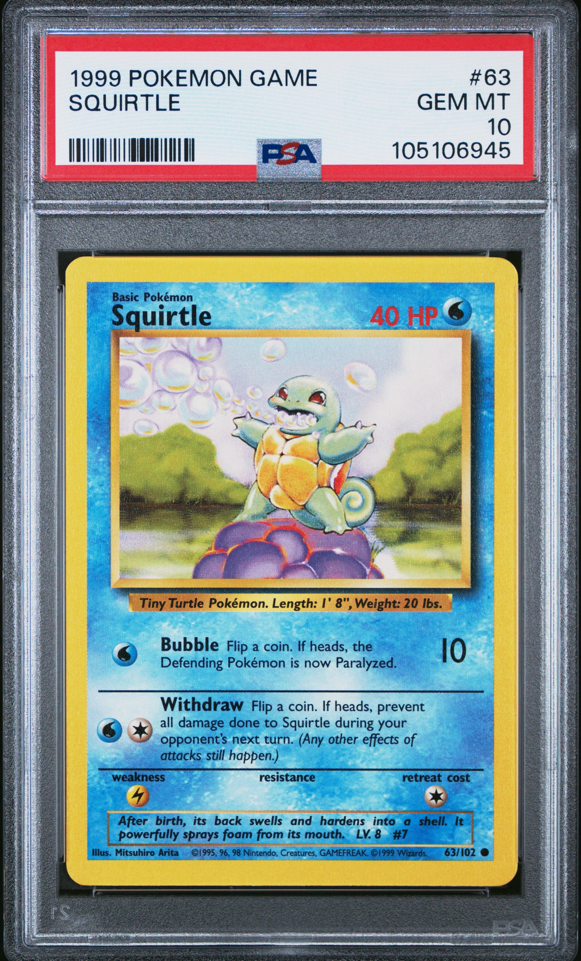 SQUIRTLE 63/102 Unlimited POKEMON GAME PSA10 GEM MT 10 PSA population 2089 <a href=https://www.psacard.com/cert/105106945/psa>https://www.psacard.com/cert/105106945/psa</a>