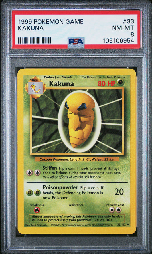 KAKUNA 33/102 Unlimited POKEMON GAME PSA8 NM-MT 8 PSA population 149 <a href=https://www.psacard.com/cert/105106954/psa>https://www.psacard.com/cert/105106954/psa</a>