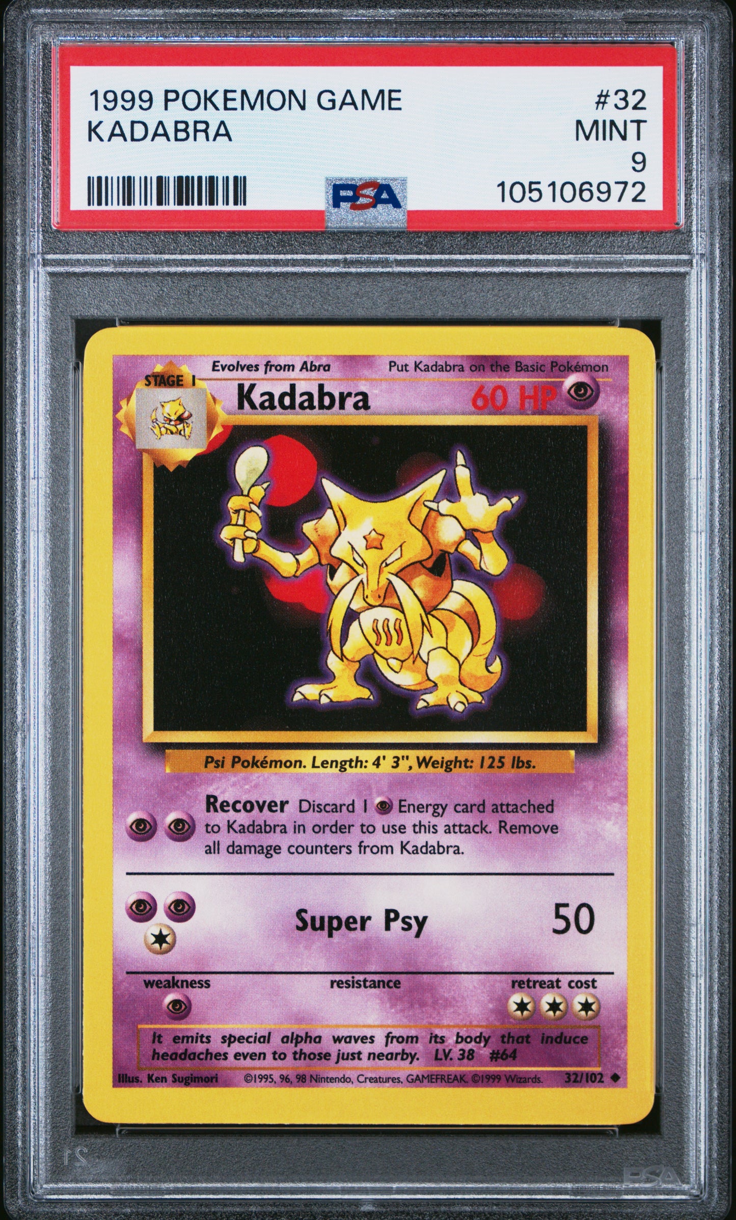 KADABRA 32/102 Unlimited POKEMON GAME PSA9 MINT 9 PSA population 823 <a href=https://www.psacard.com/cert/105106972/psa>https://www.psacard.com/cert/105106972/psa</a>