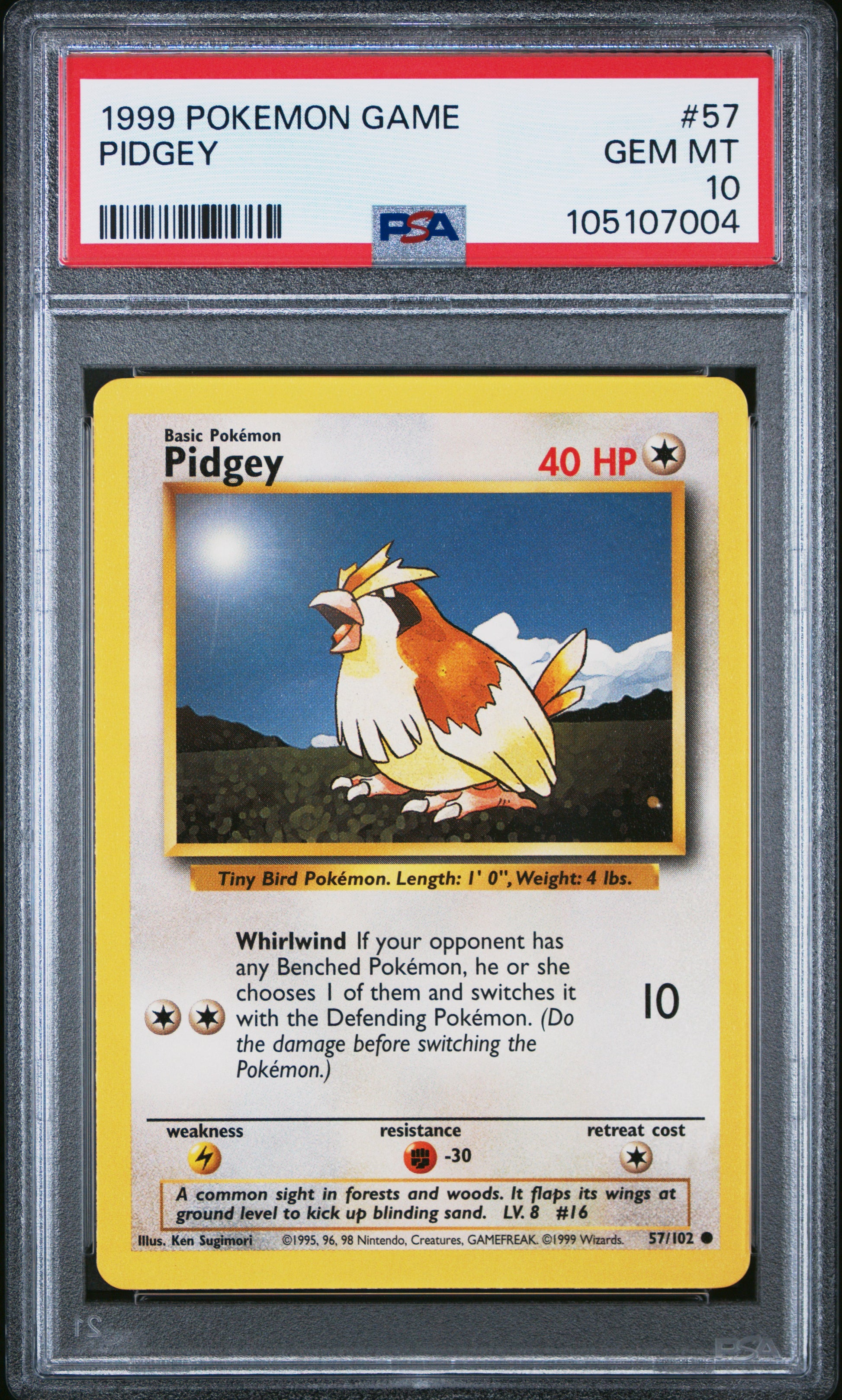 PIDGEY 57/102 Unlimited POKEMON GAME PSA10 GEM MT 10 PSA population 302 <a href=https://www.psacard.com/cert/105107004/psa>https://www.psacard.com/cert/105107004/psa</a>