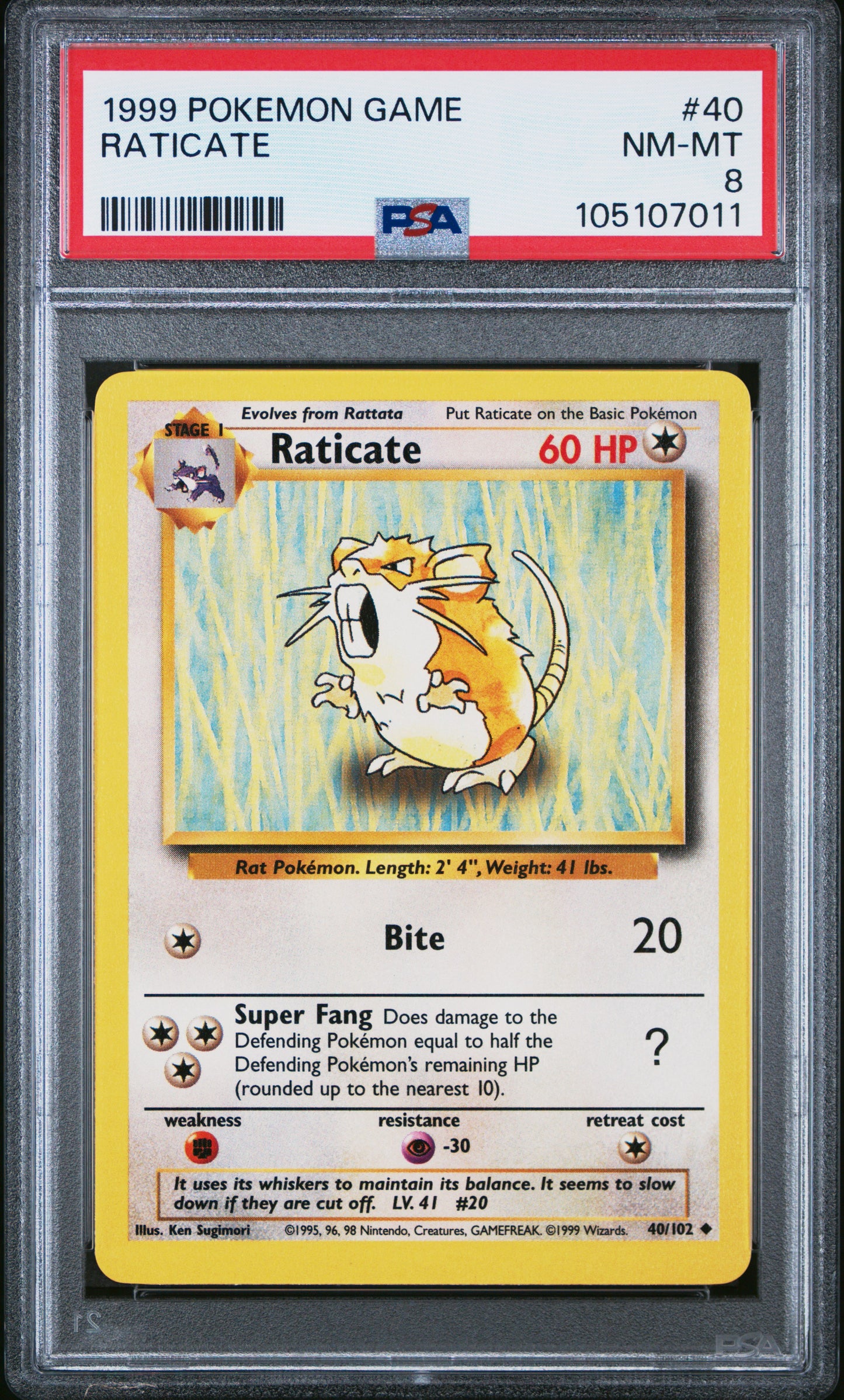 RATICATE 40/102 Unlimited POKEMON GAME PSA8 NM-MT 8 PSA population 151 <a href=https://www.psacard.com/cert/105107011/psa>https://www.psacard.com/cert/105107011/psa</a>