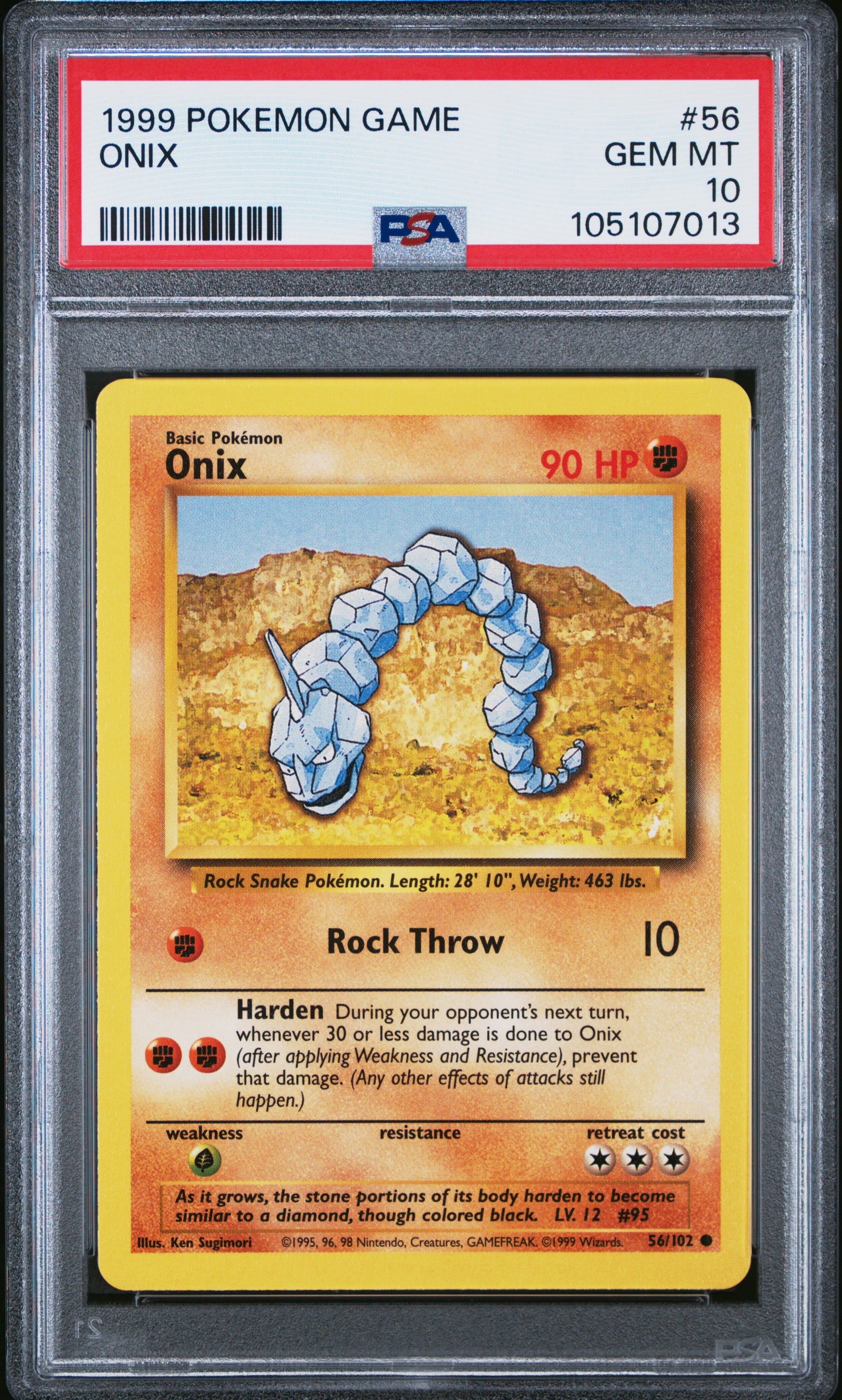 ONIX 56/102 Unlimited POKEMON GAME PSA10 GEM MT 10 PSA population 547 <a href=https://www.psacard.com/cert/105107013/psa>https://www.psacard.com/cert/105107013/psa</a>
