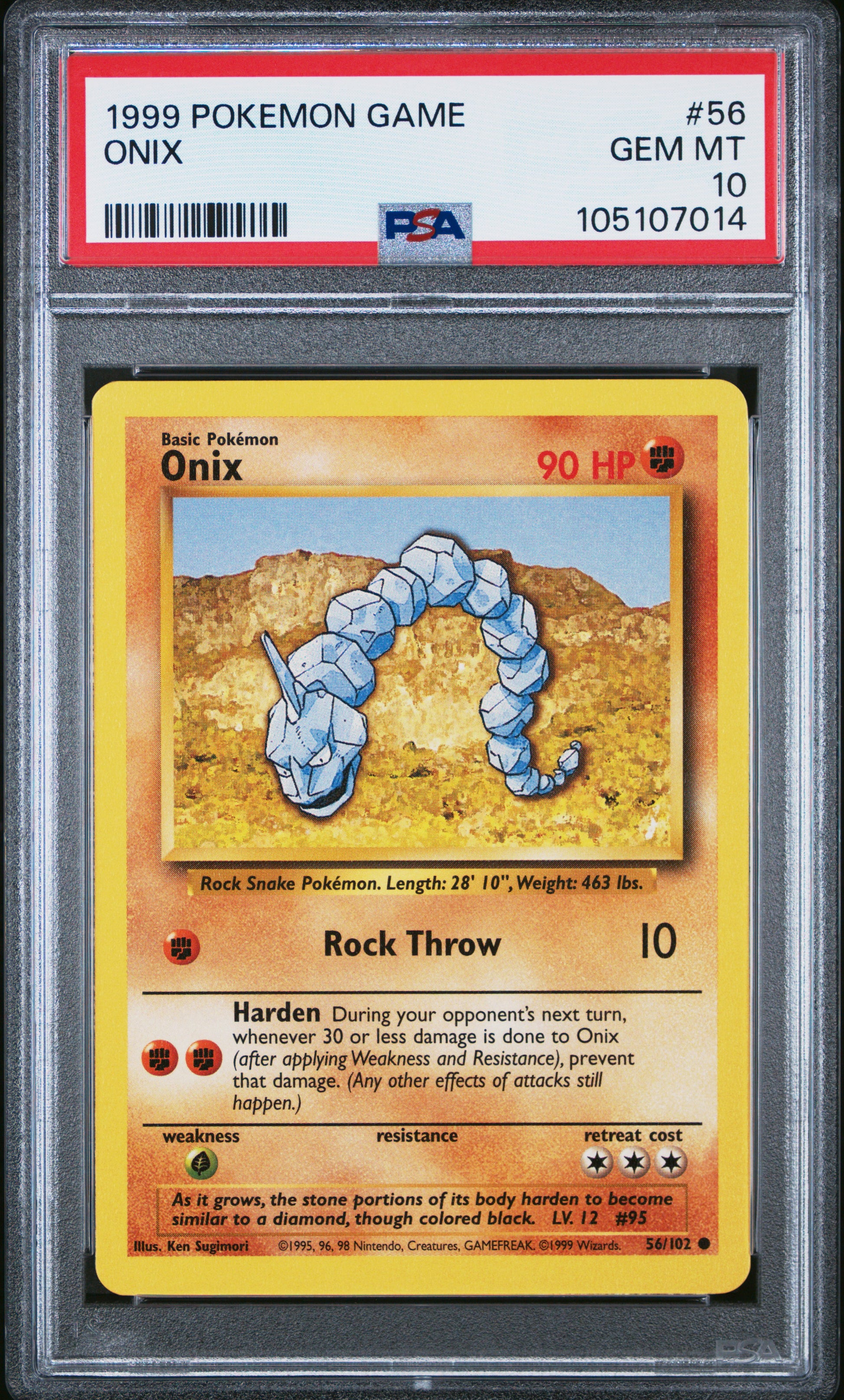 ONIX 56/102 Unlimited POKEMON GAME PSA10 GEM MT 10 PSA population 547 <a href=https://www.psacard.com/cert/105107014/psa>https://www.psacard.com/cert/105107014/psa</a>