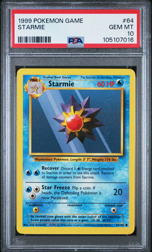 STARMIE 64/102 Unlimited POKEMON GAME PSA10 GEM MT 10 PSA population 389 <a href=https://www.psacard.com/cert/105107016/psa>https://www.psacard.com/cert/105107016/psa</a>