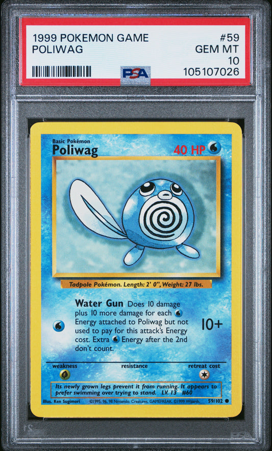 POLIWAG 59/102 Unlimited POKEMON GAME PSA10 GEM MT 10 PSA population 480 <a href=https://www.psacard.com/cert/105107026/psa>https://www.psacard.com/cert/105107026/psa</a>
