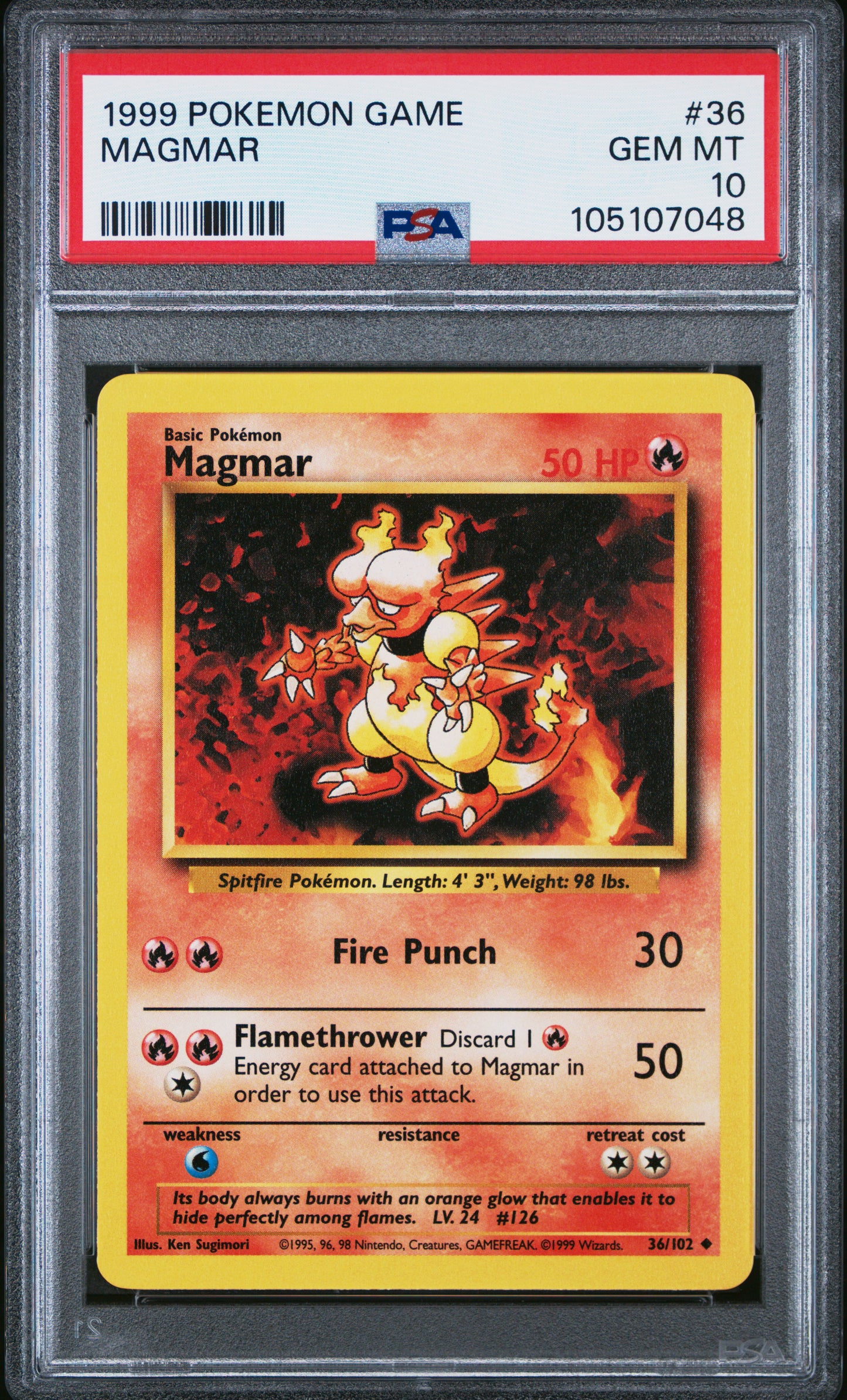 MAGMAR 36/102 Unlimited POKEMON GAME PSA10 GEM MT 10 PSA population 167 <a href=https://www.psacard.com/cert/105107048/psa>https://www.psacard.com/cert/105107048/psa</a>