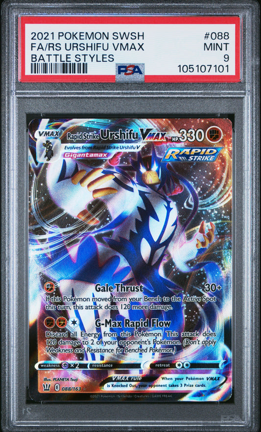 FA/RS URSHIFU VMAX 88/163 Common POKEMON SWORD & SHIELD BATTLE STYLES BATTLE STYLES PSA9 MINT 9 PSA population 123 <a href=https://www.psacard.com/cert/105107101/psa>https://www.psacard.com/cert/105107101/psa</a>