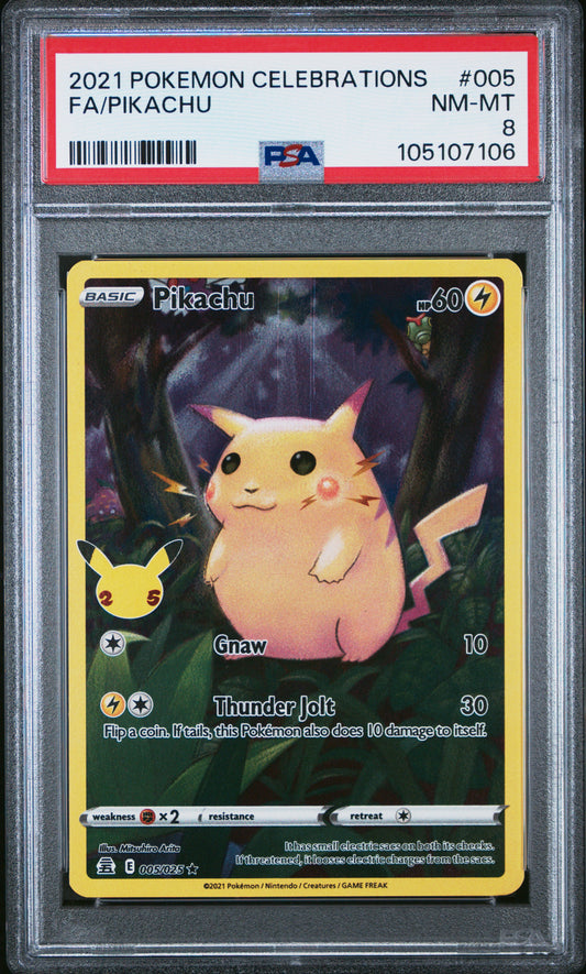 FA/PIKACHU 5/25 Common POKEMON CELEBRATIONS PSA8 NM-MT 8 PSA population 4459 <a href=https://www.psacard.com/cert/105107106/psa>https://www.psacard.com/cert/105107106/psa</a>