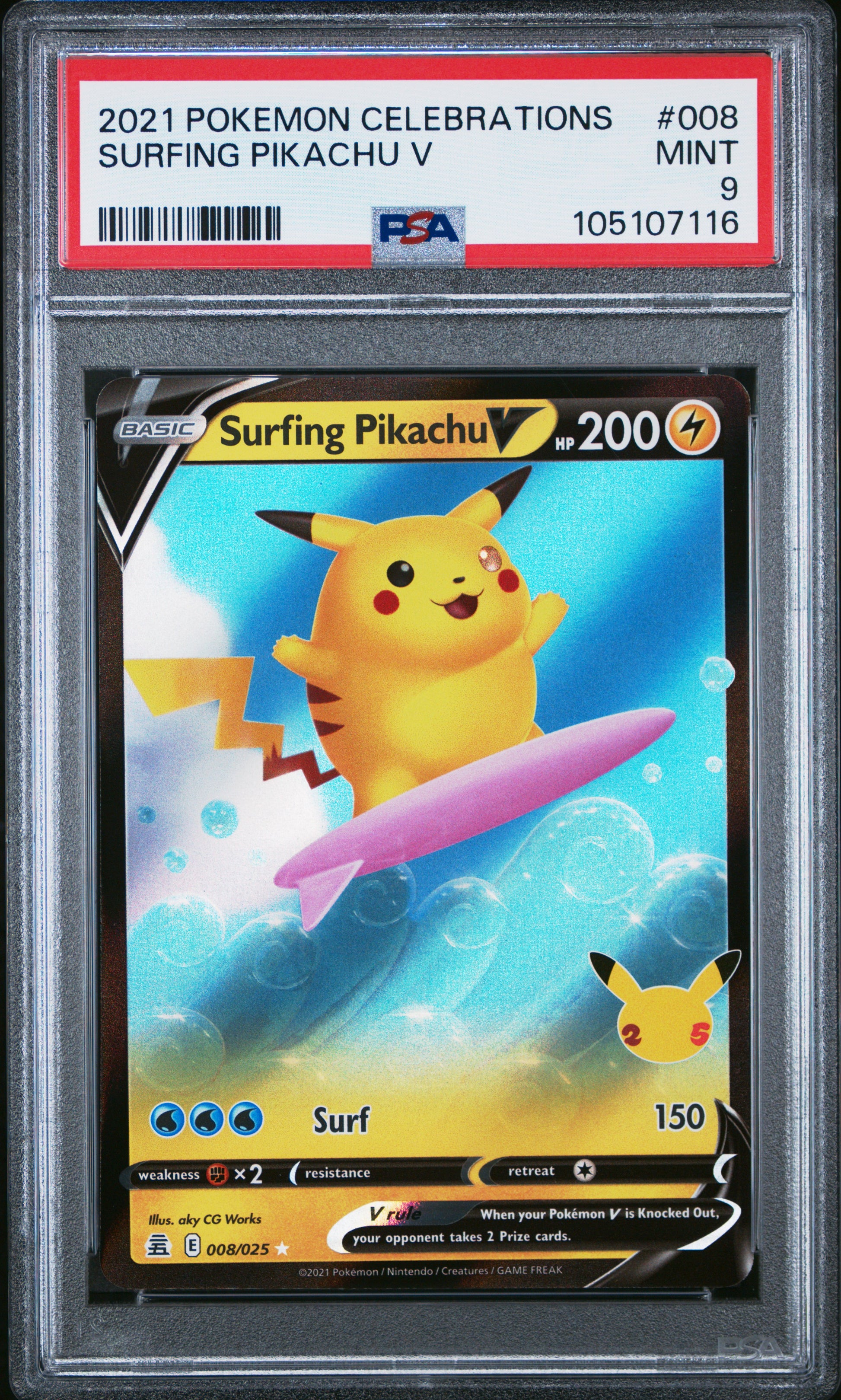 SURFING PIKACHU V 8/25 Common POKEMON CELEBRATIONS PSA9 MINT 9 PSA population 1024 <a href=https://www.psacard.com/cert/105107116/psa>https://www.psacard.com/cert/105107116/psa</a>