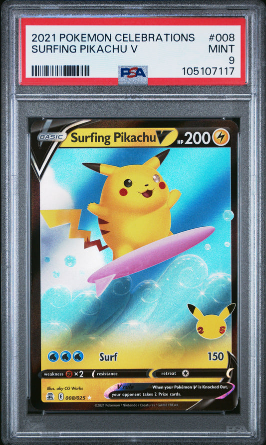 SURFING PIKACHU V 8/25 Common POKEMON CELEBRATIONS PSA9 MINT 9 PSA population 1024 <a href=https://www.psacard.com/cert/105107117/psa>https://www.psacard.com/cert/105107117/psa</a>