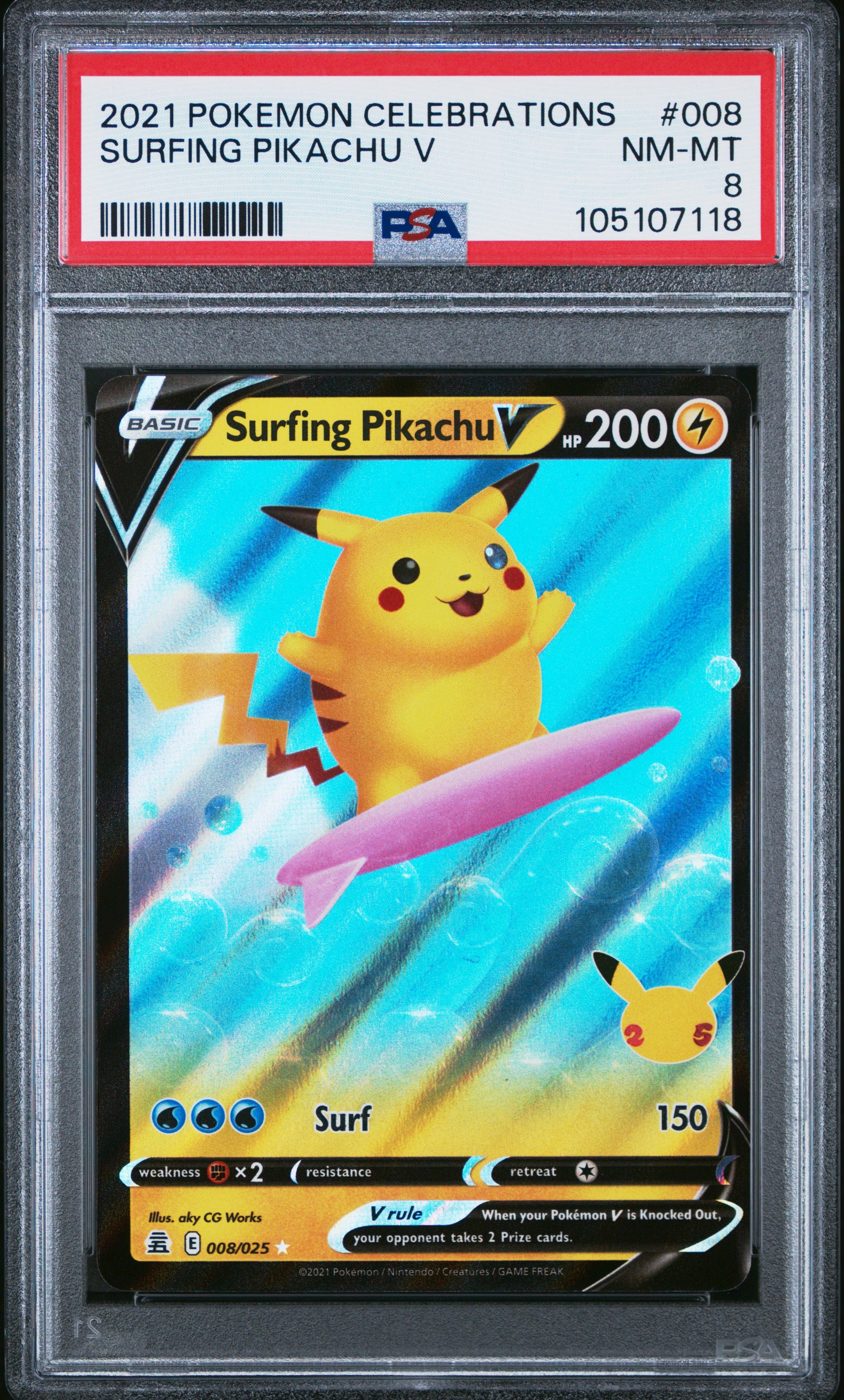 SURFING PIKACHU V 8/25 Common POKEMON CELEBRATIONS PSA8 NM-MT 8 PSA population 189 <a href=https://www.psacard.com/cert/105107118/psa>https://www.psacard.com/cert/105107118/psa</a>