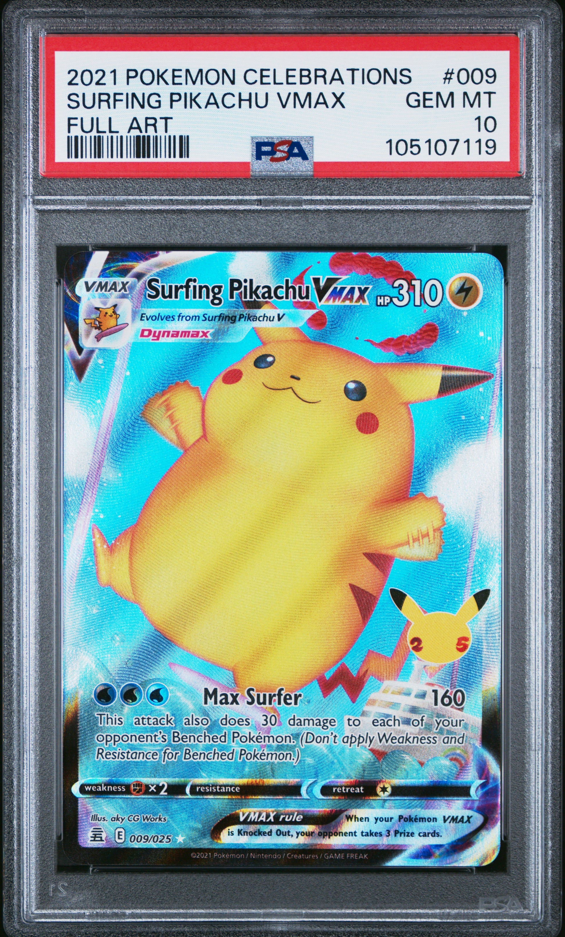 SURFING PIKACHU VMAX 9/25 Common POKEMON CELEBRATIONS FULL ART PSA10 GEM MT 10 PSA population 3772 <a href=https://www.psacard.com/cert/105107119/psa>https://www.psacard.com/cert/105107119/psa</a>