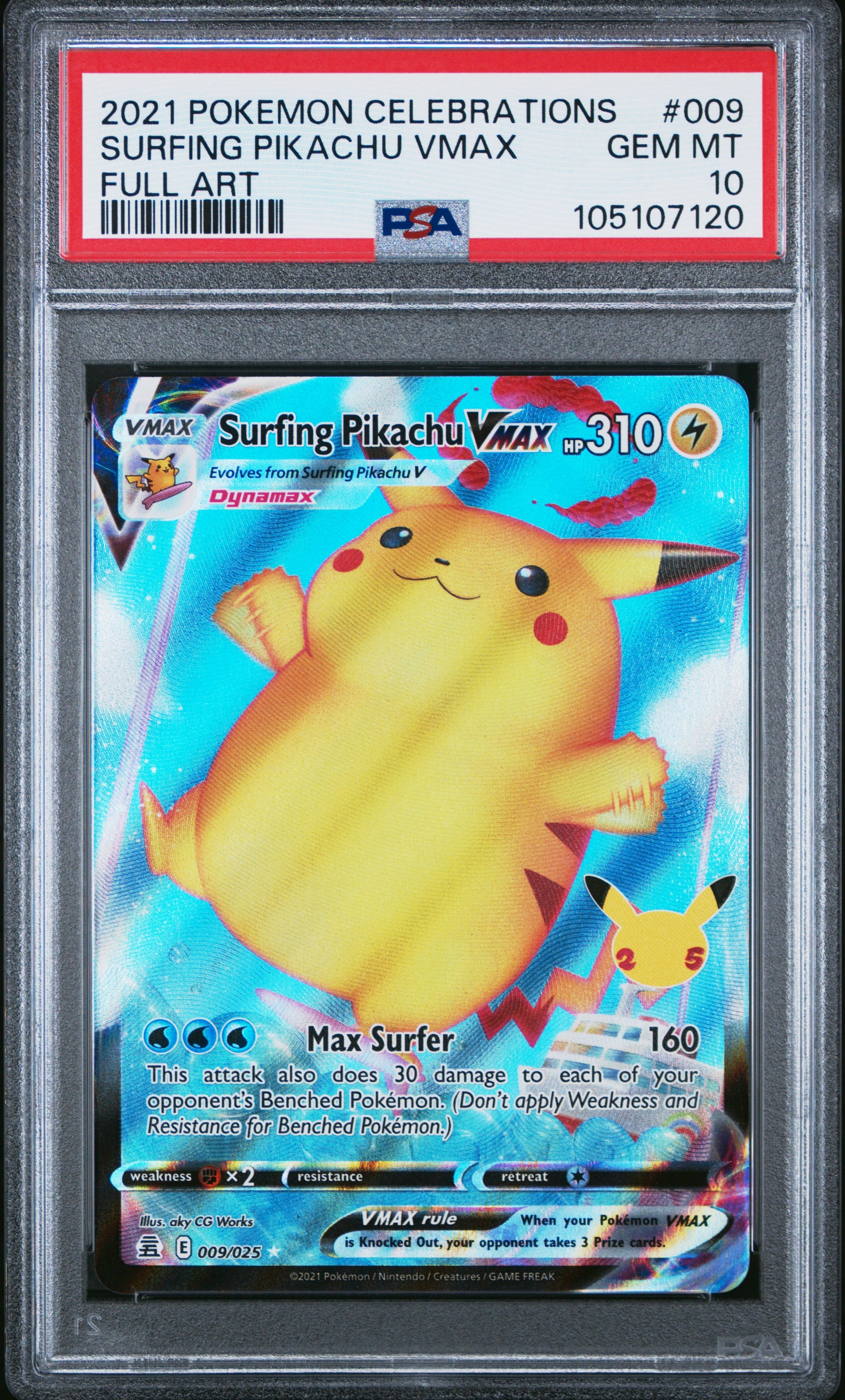SURFING PIKACHU VMAX 9/25 Common POKEMON CELEBRATIONS FULL ART PSA10 GEM MT 10 PSA population 3772 <a href=https://www.psacard.com/cert/105107120/psa>https://www.psacard.com/cert/105107120/psa</a>