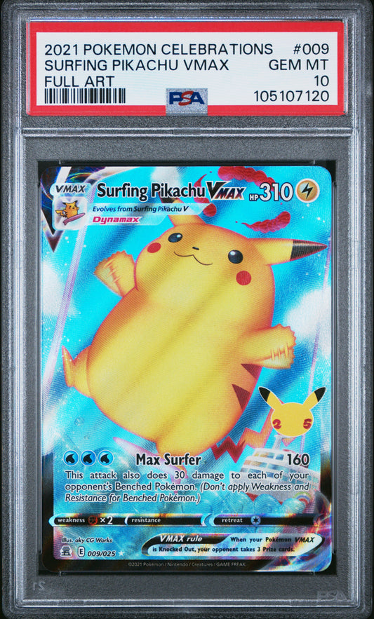SURFING PIKACHU VMAX 9/25 Common POKEMON CELEBRATIONS FULL ART PSA10 GEM MT 10 PSA population 3772 <a href=https://www.psacard.com/cert/105107120/psa>https://www.psacard.com/cert/105107120/psa</a>