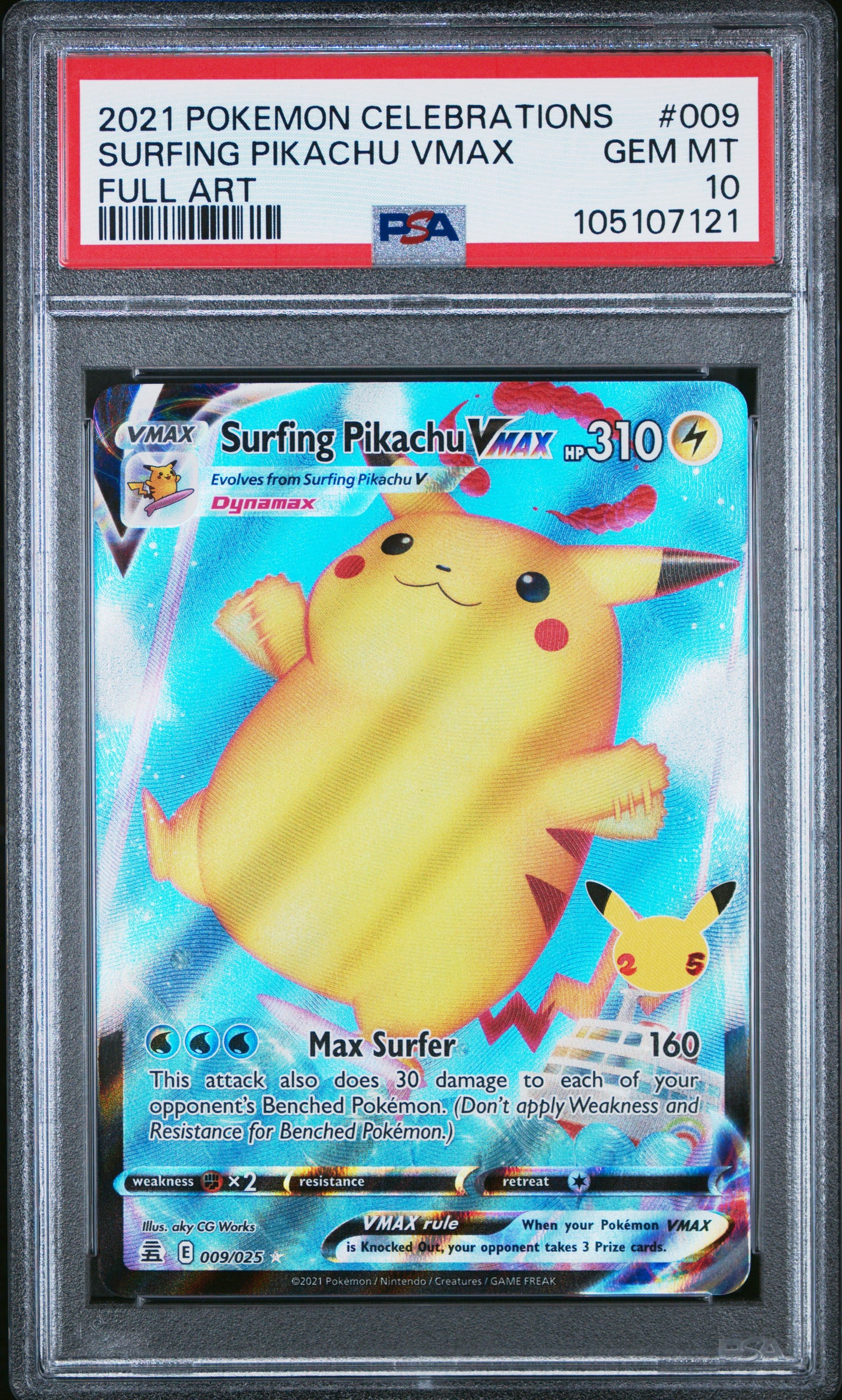 SURFING PIKACHU VMAX 9/25 Common POKEMON CELEBRATIONS FULL ART PSA10 GEM MT 10 PSA population 3772 <a href=https://www.psacard.com/cert/105107121/psa>https://www.psacard.com/cert/105107121/psa</a>