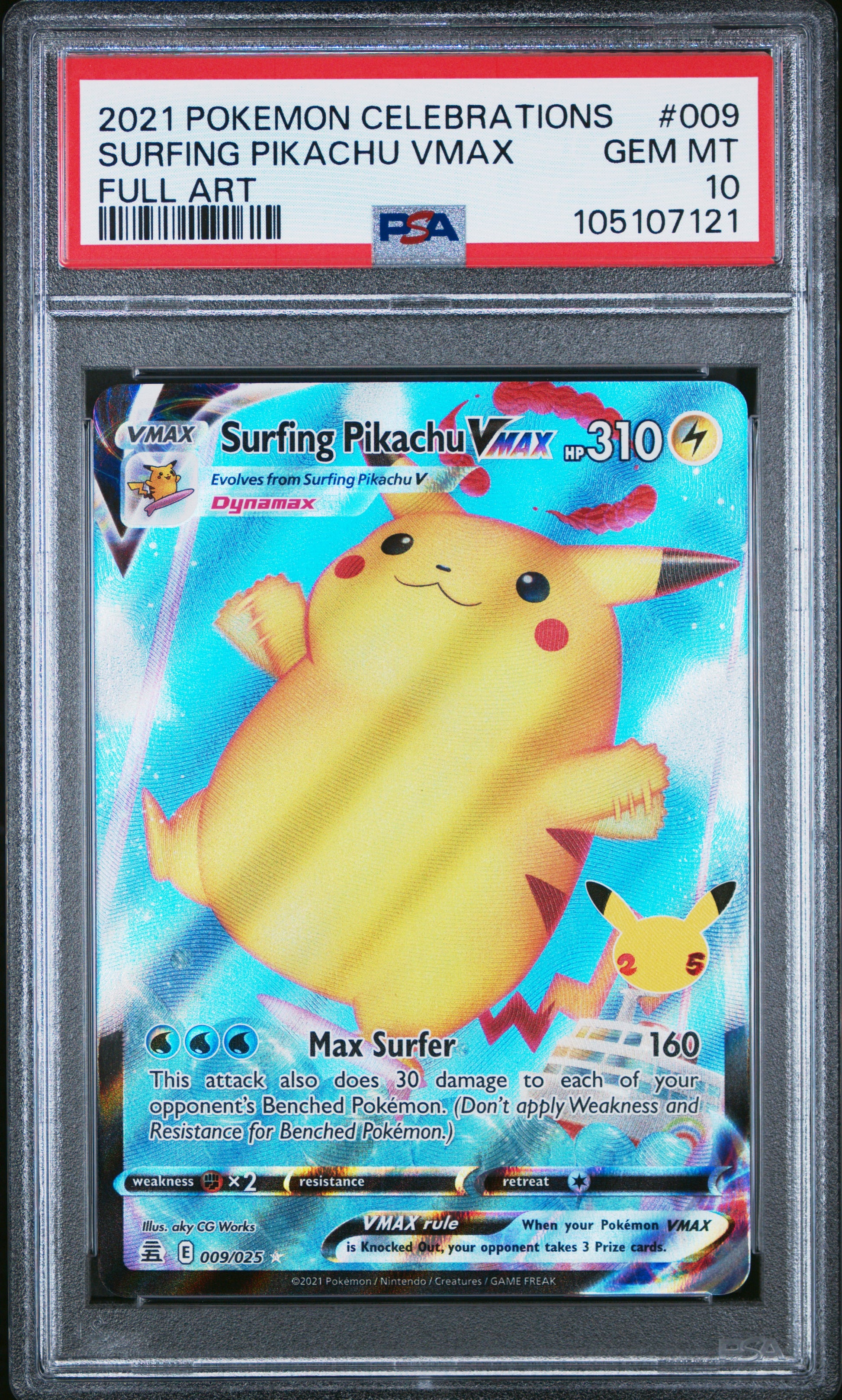 SURFING PIKACHU VMAX 9/25 Common POKEMON CELEBRATIONS FULL ART PSA10 GEM MT 10 PSA population 3772 <a href=https://www.psacard.com/cert/105107121/psa>https://www.psacard.com/cert/105107121/psa</a>