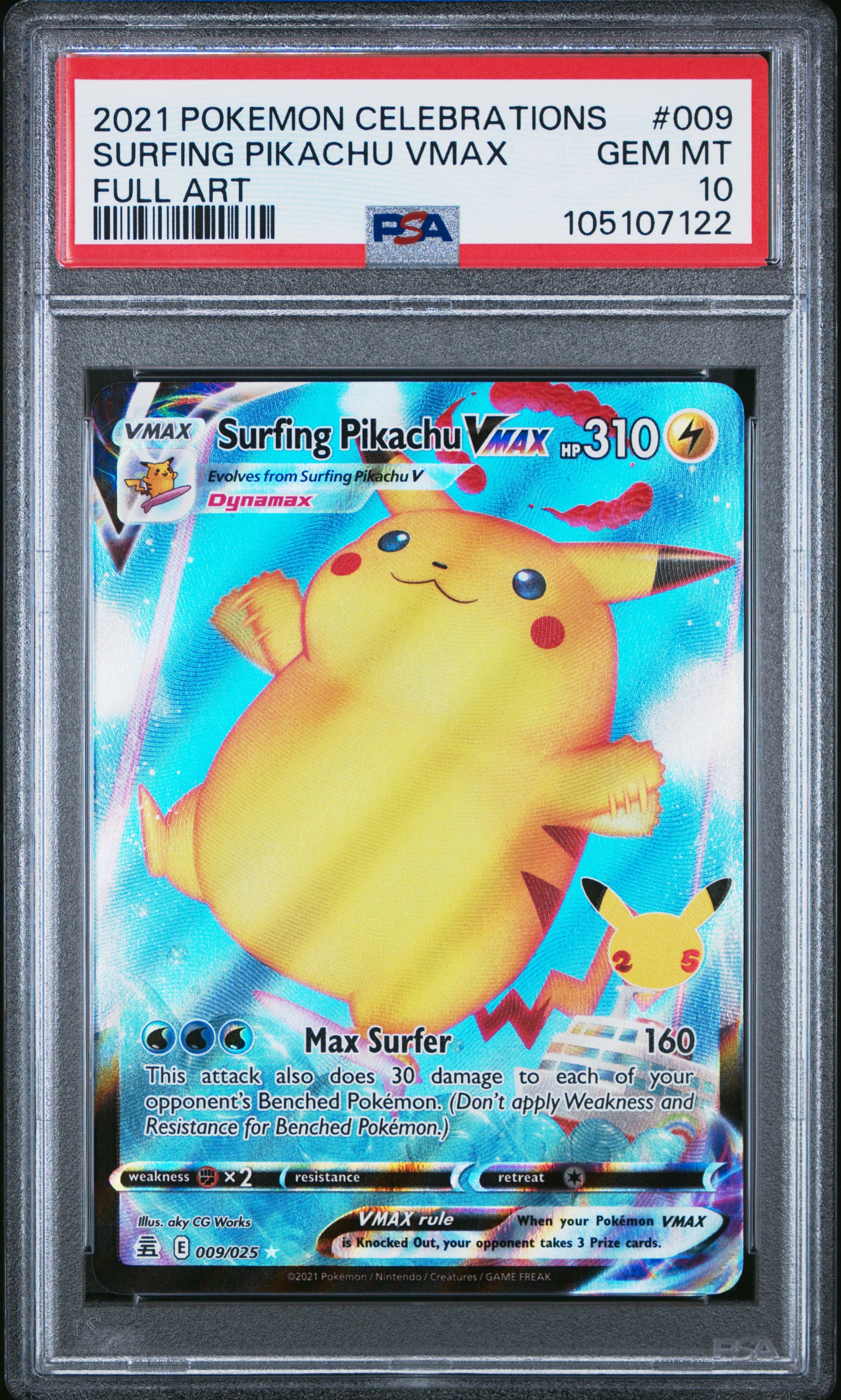 SURFING PIKACHU VMAX 9/25 Common POKEMON CELEBRATIONS FULL ART PSA10 GEM MT 10 PSA population 3772 <a href=https://www.psacard.com/cert/105107122/psa>https://www.psacard.com/cert/105107122/psa</a>