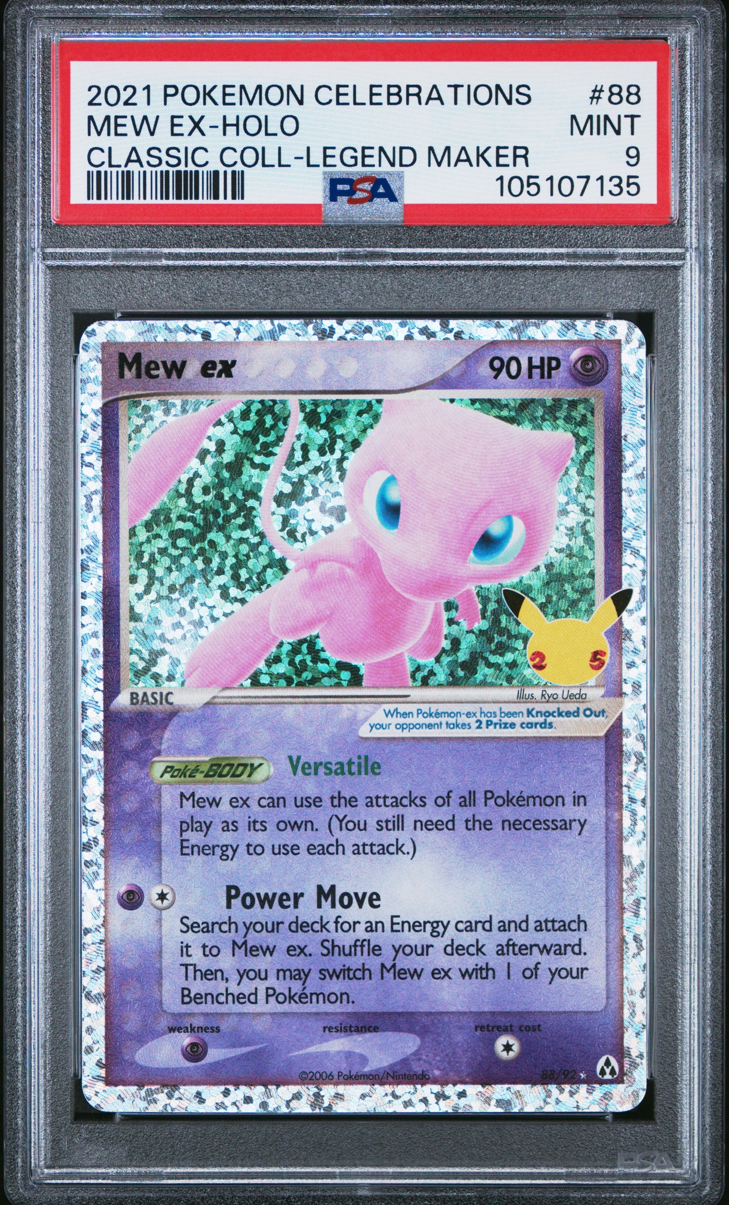 MEW EX-HOLO 88/92 Common POKEMON CELEBRATIONS CLASSIC COLLECTION CLASSIC COLL-LEGEND MAKER PSA9 MINT 9 PSA population 1607 <a href=https://www.psacard.com/cert/105107135/psa>https://www.psacard.com/cert/105107135/psa</a>