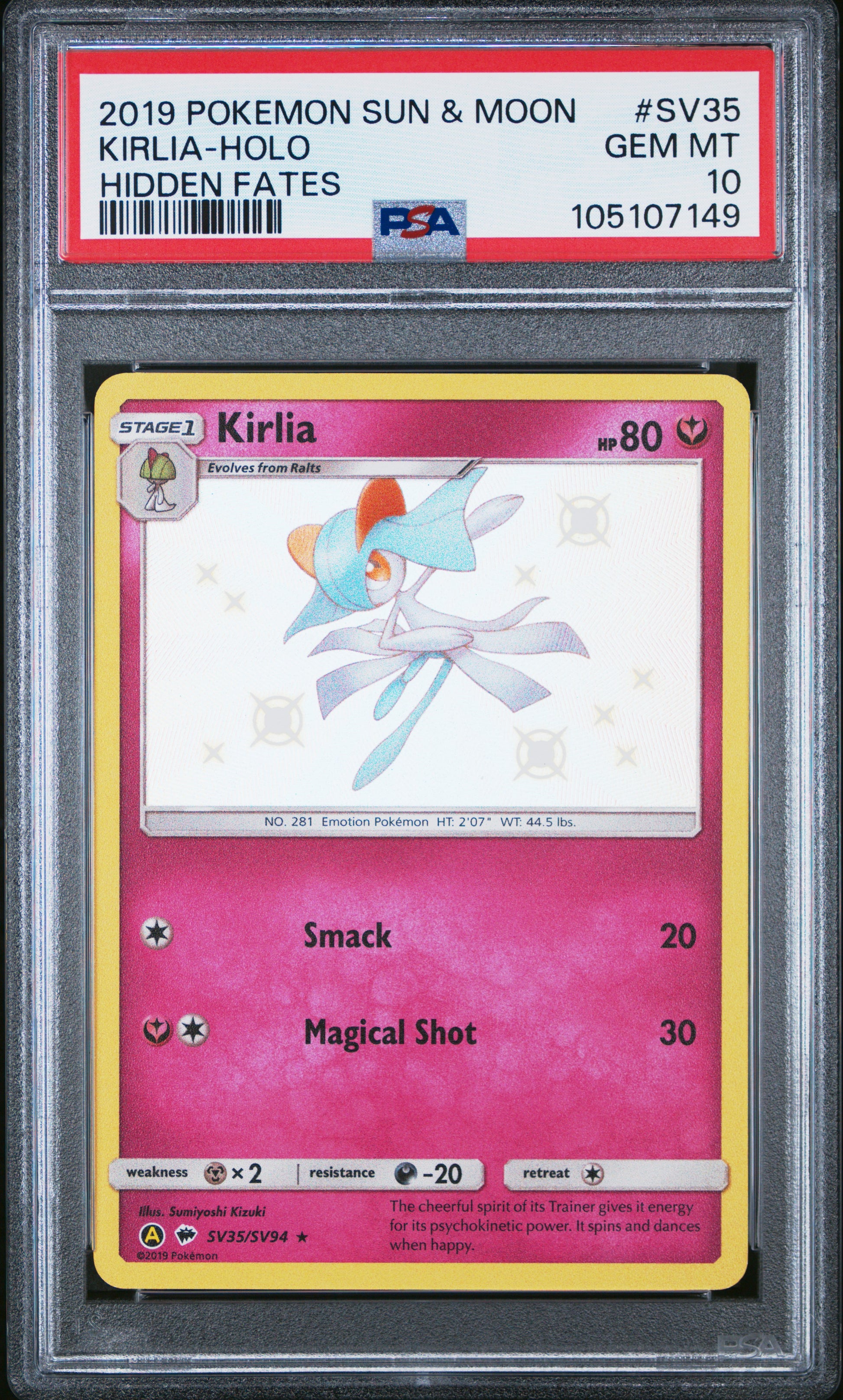 KIRLIA-HOLO SV35/SV94 Common POKEMON SUN & MOON HIDDEN FATES HIDDEN FATES PSA10 GEM MT 10 PSA population 987 <a href=https://www.psacard.com/cert/105107149/psa>https://www.psacard.com/cert/105107149/psa</a>