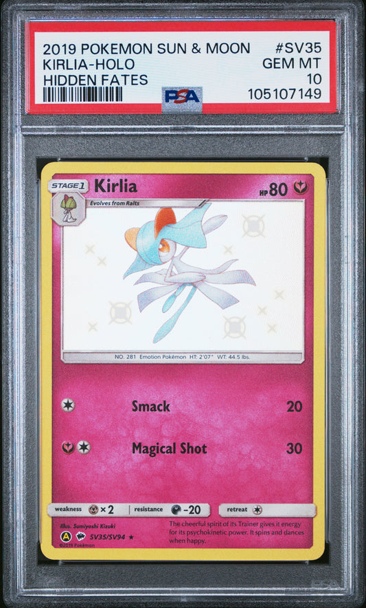 KIRLIA-HOLO SV35/SV94 Common POKEMON SUN & MOON HIDDEN FATES HIDDEN FATES PSA10 GEM MT 10 PSA population 987 <a href=https://www.psacard.com/cert/105107149/psa>https://www.psacard.com/cert/105107149/psa</a>
