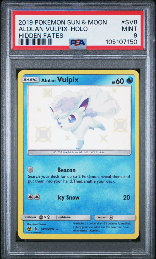 ALOLAN VULPIX-HOLO SV8/SV94 Common POKEMON SUN & MOON HIDDEN FATES HIDDEN FATES PSA9 MINT 9 PSA population 1126 <a href=https://www.psacard.com/cert/105107150/psa>https://www.psacard.com/cert/105107150/psa</a>