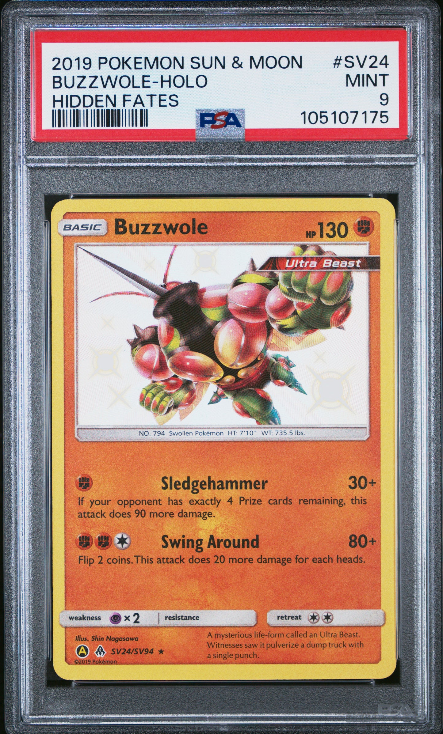 BUZZWOLE-HOLO SV24/SV94 Common POKEMON SUN & MOON HIDDEN FATES HIDDEN FATES PSA9 MINT 9 PSA population 442 <a href=https://www.psacard.com/cert/105107175/psa>https://www.psacard.com/cert/105107175/psa</a>